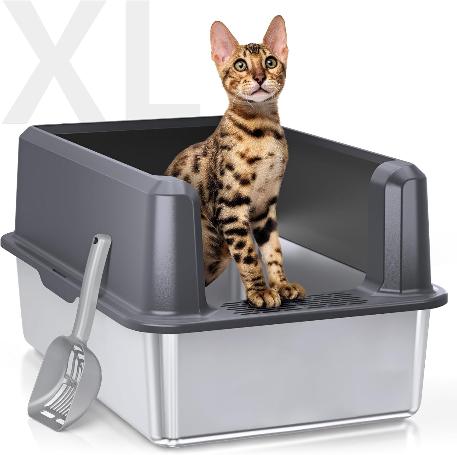 Enclosed Stainless Steel Cat Litter Box with Lid, XL Extra Large Litte