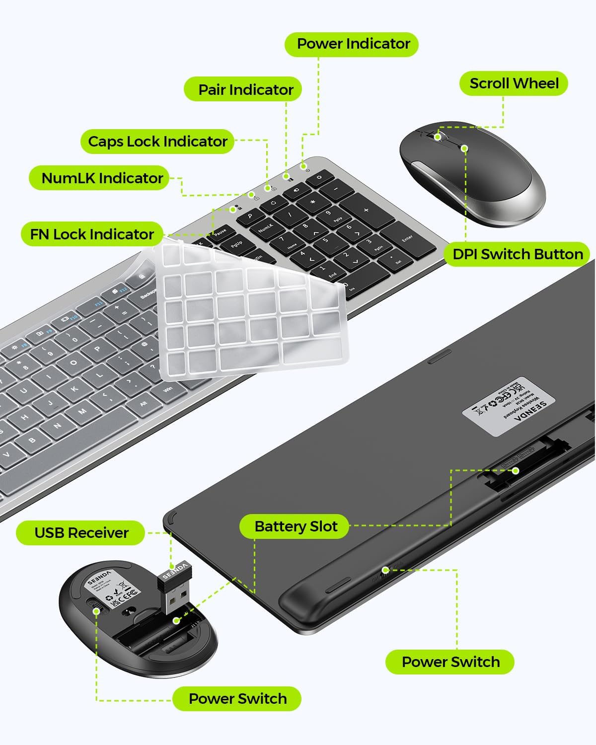 Wireless Keyboard and Mouse Combo - Full Size Slim Thin Wireless Keybo