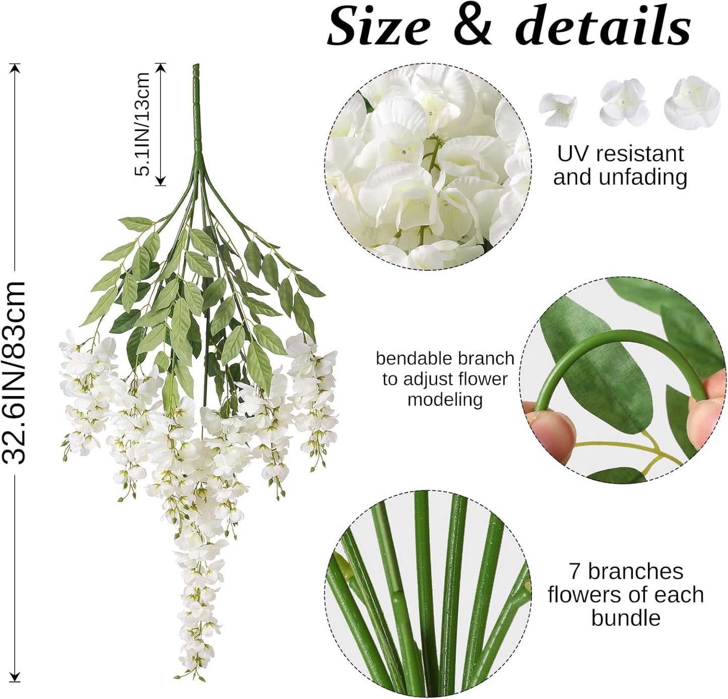 Wisteria Hanging Flowers, Spring Fake Flower for Vase, 2Pcs Silk Wisteria UV & Fading Resistant Faux Plant for Wedding Arch Backdrop Outdoor Patio Garden Decoration Centerpiece Table (White)