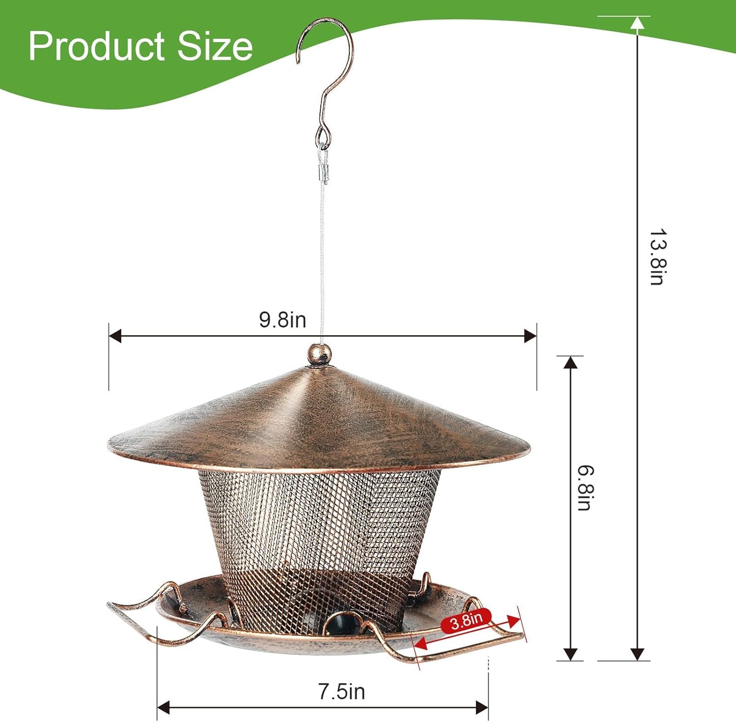 Bird Feeder for Outdoor, Rainproof Weatherproof Metal Hanging Wild Bird Feeder with 9.8" Roof 3 LBs Seeds Capacity, Easy to Clean & Refill