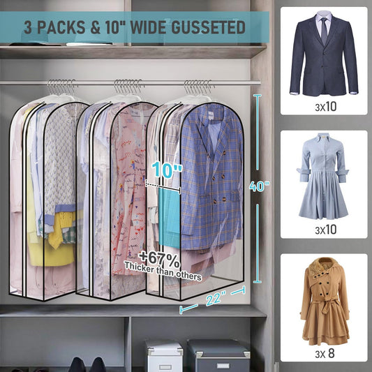 MISSLO 10" Gusseted All Clear Garment Bags for Hanging Clothes 3 Packs 40" Suit Bags for Closet Storage Hanging Clothes Storage Suit Cover for Shirts, Coats, Dresses