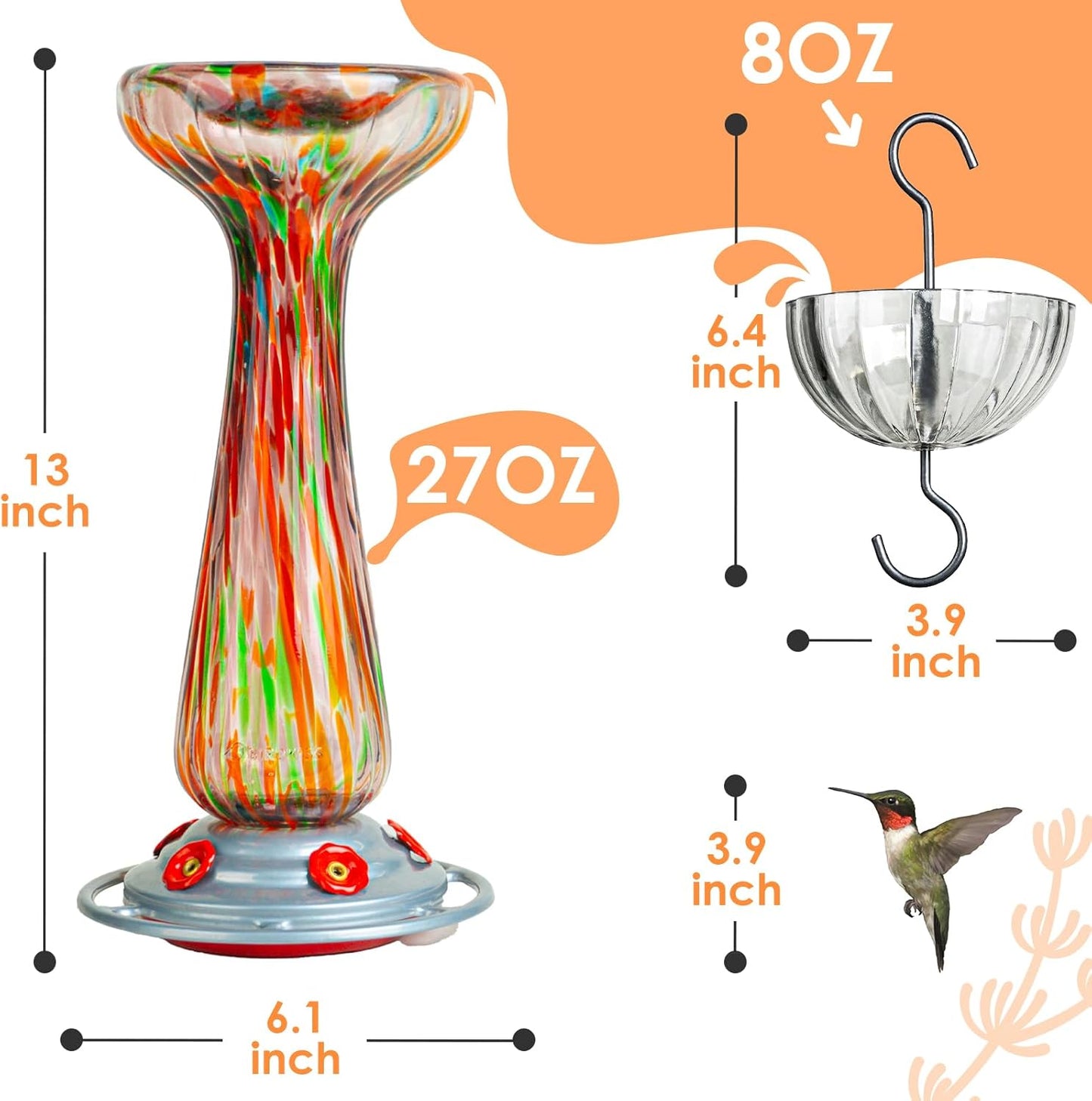 Hummingbird Feeder, Hand Blown Glass Large 27 fl.oz, Never Fade, 5 Fee