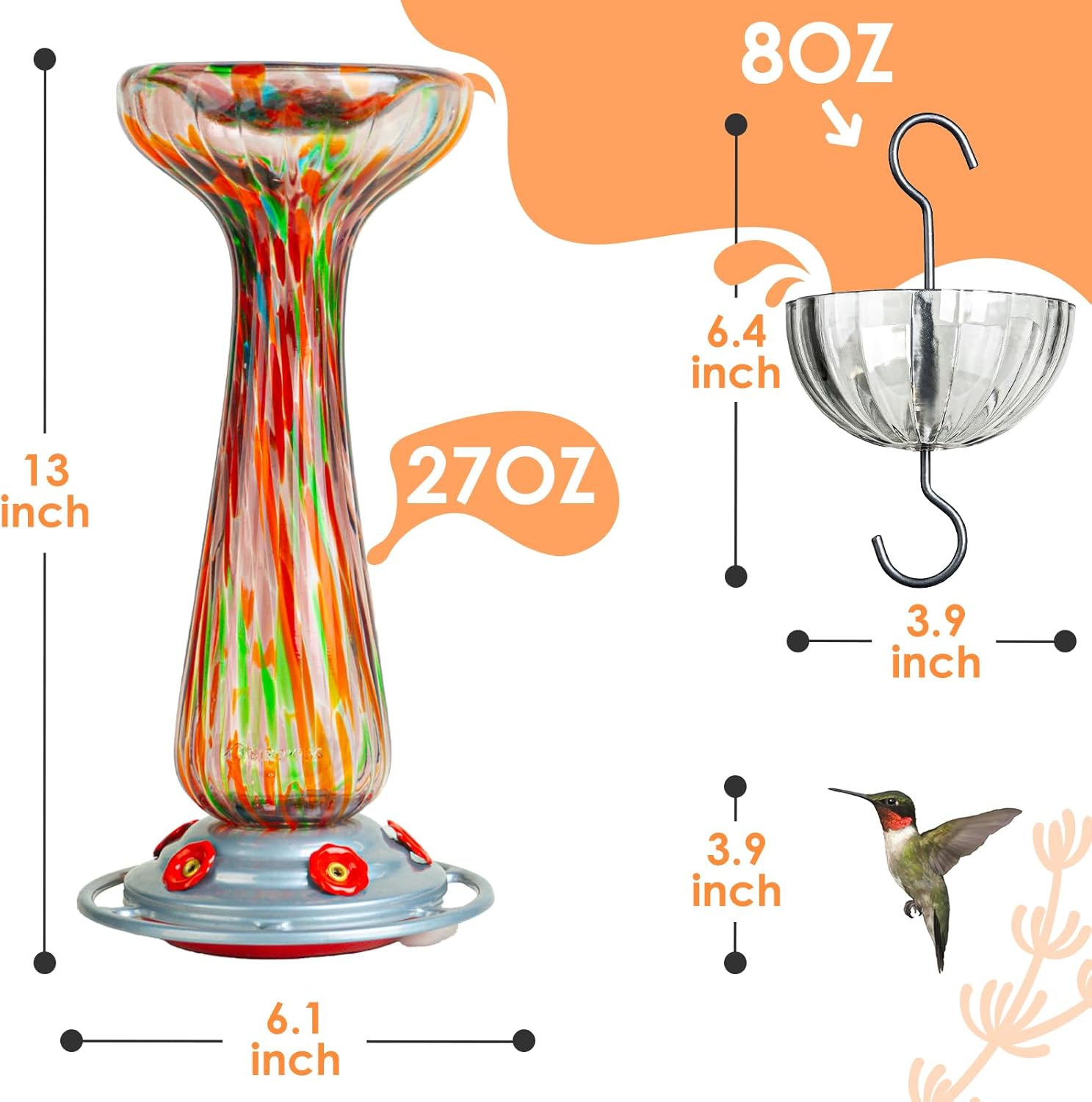 Hummingbird Feeder, Hand Blown Glass Large 27 fl.oz, Never Fade, 5 Fee
