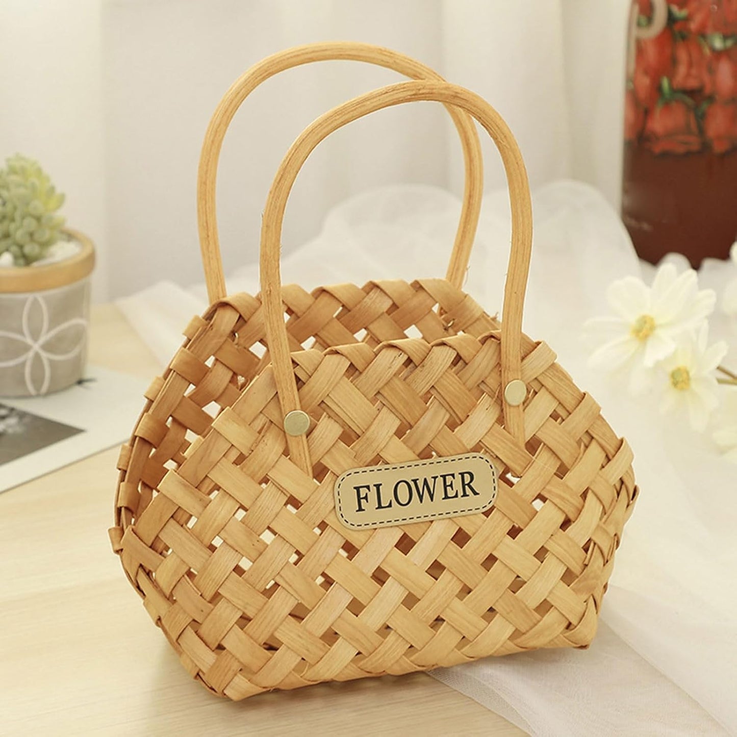 Woven Wood Flower Basket Hand-Held Flower Arrangement Basket Hand-Woven Flower Pot Wedding Flower Girl Baskets for Home