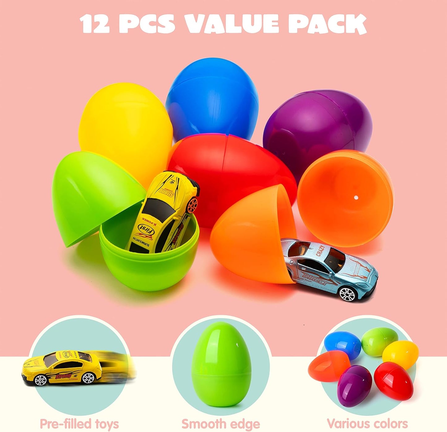 JOYIN 12 Pcs Die-Cast Car Filled Big Easter Eggs, Bright Colorful Prefilled Plastic Eggs with Different Die-cast Cars for Boys, Basket Stuffers and Kids Party Favors