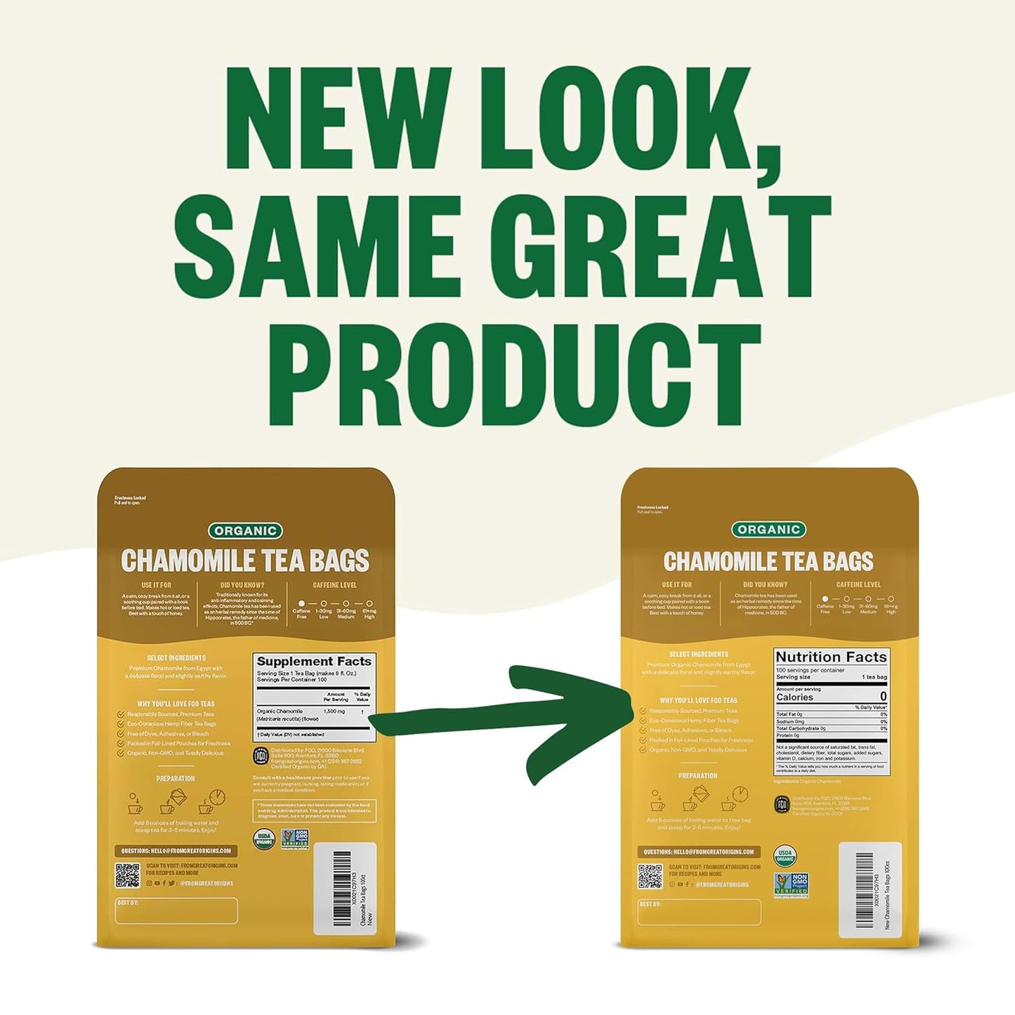 FGO Organic Chamomile Tea, 100 Eco-Conscious Tea Bags, Caffeine Free, Resealable Bag, Packaging May Vary (Pack of 1)