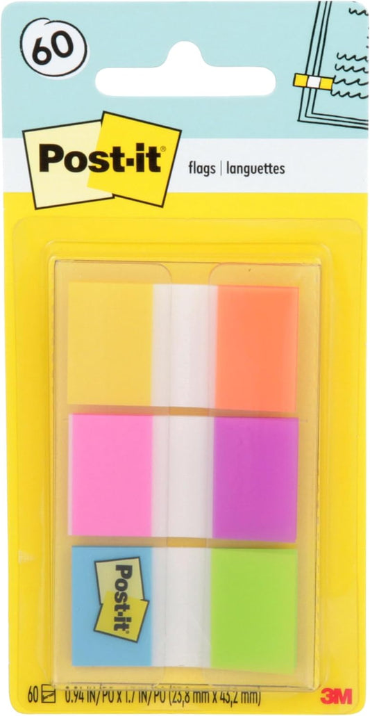 Post-it Flags, 0.94 in. x 1.7 in., One Dispenser with 20-Count Sticky Tabs in Alternating Colors (60 Flags Total), Removable Page Markers for Planners, Journals, and Calendars