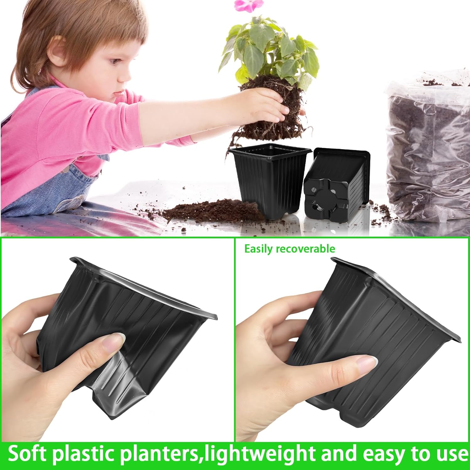 Anyumocz 100Pcs Square Plant Nursery Pots,3.5 Inch Plastic Pots with D