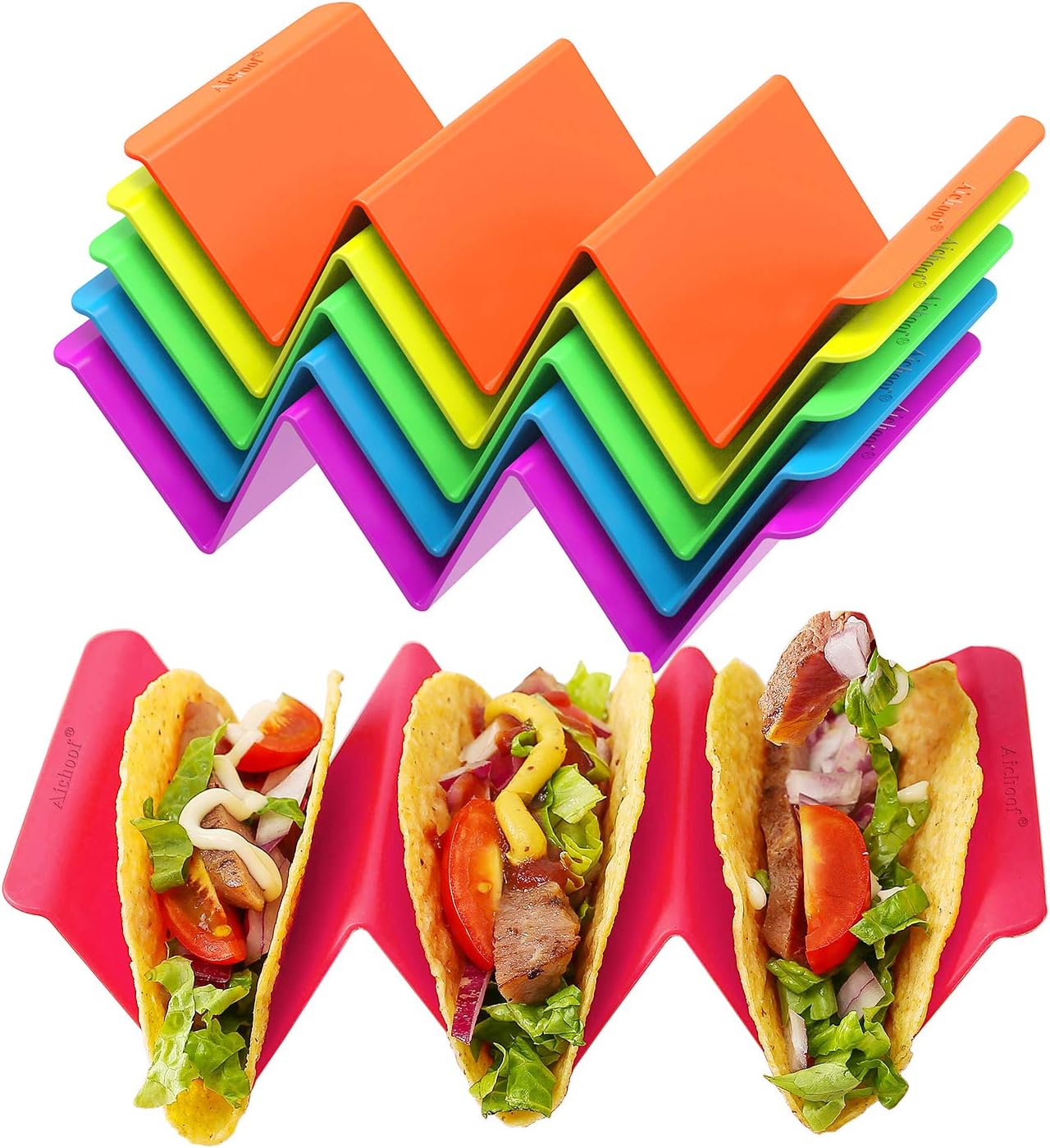 Aichoof Colorful Taco Holder Stands Set of 6 - Premium Large Tray Plat