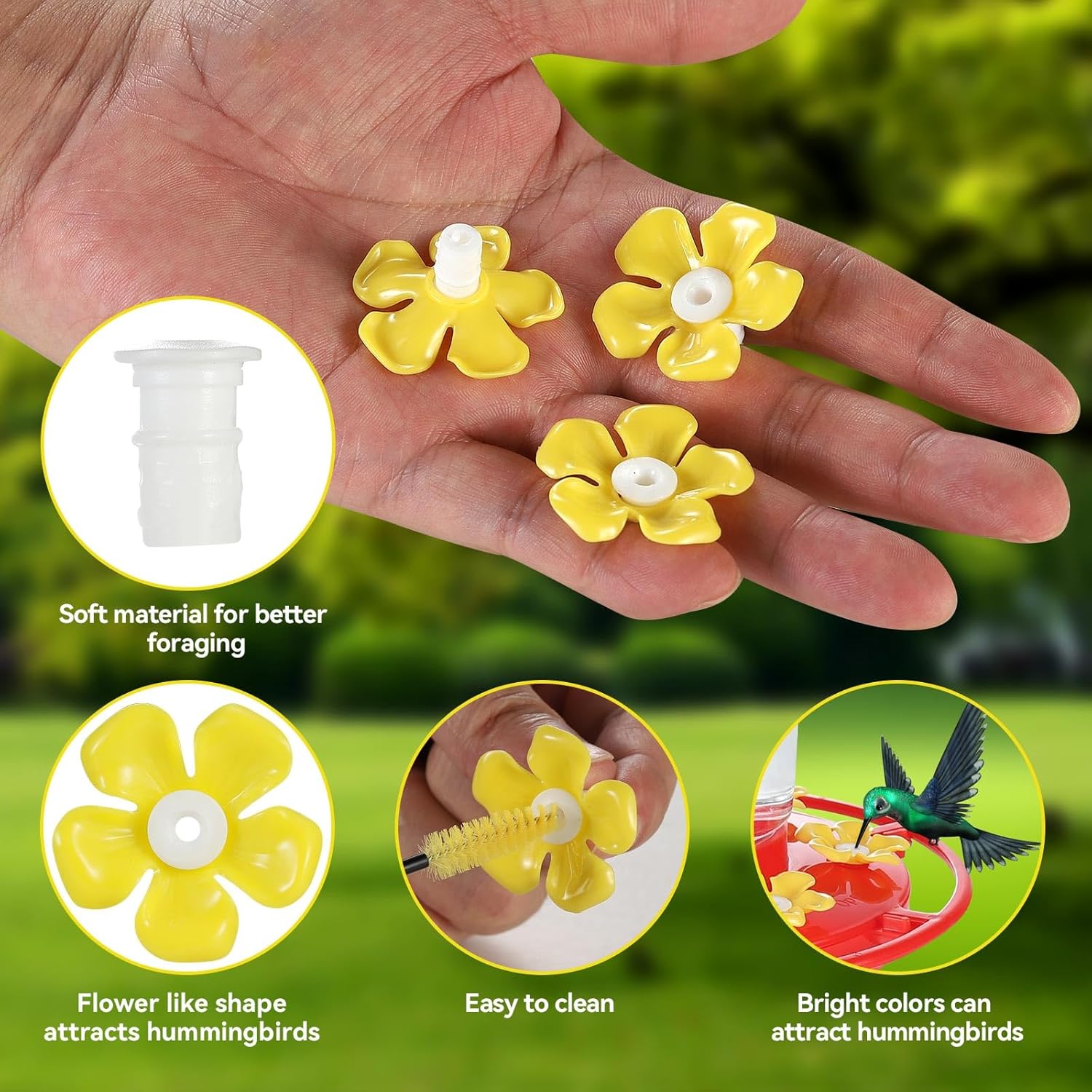 30 Pack Hummingbird Feeder Replacement Flowers, Bee-Proof Plastic Yell