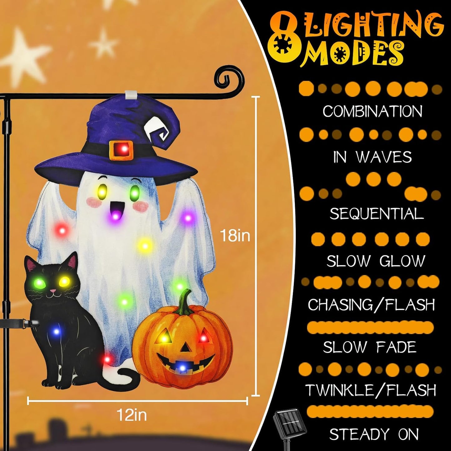 Lighted Shaped Halloween Garden Flags, 8 Modes Double-Sided Cute Solar Halloween Decorations Outdoor LED Flag, Yard Decorations for Patio Lawn Home Door Porch (Ghost Multicolor, 12x18)