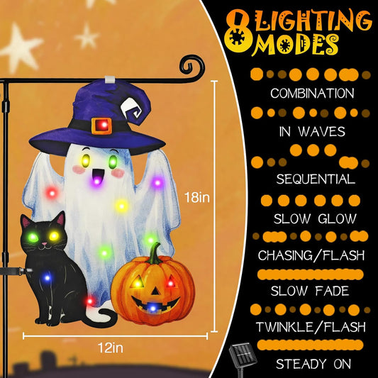 Lighted Shaped Halloween Garden Flags, 8 Modes Double-Sided Cute Solar Halloween Decorations Outdoor LED Flag, Yard Decorations for Patio Lawn Home Door Porch (Ghost Multicolor, 12x18)