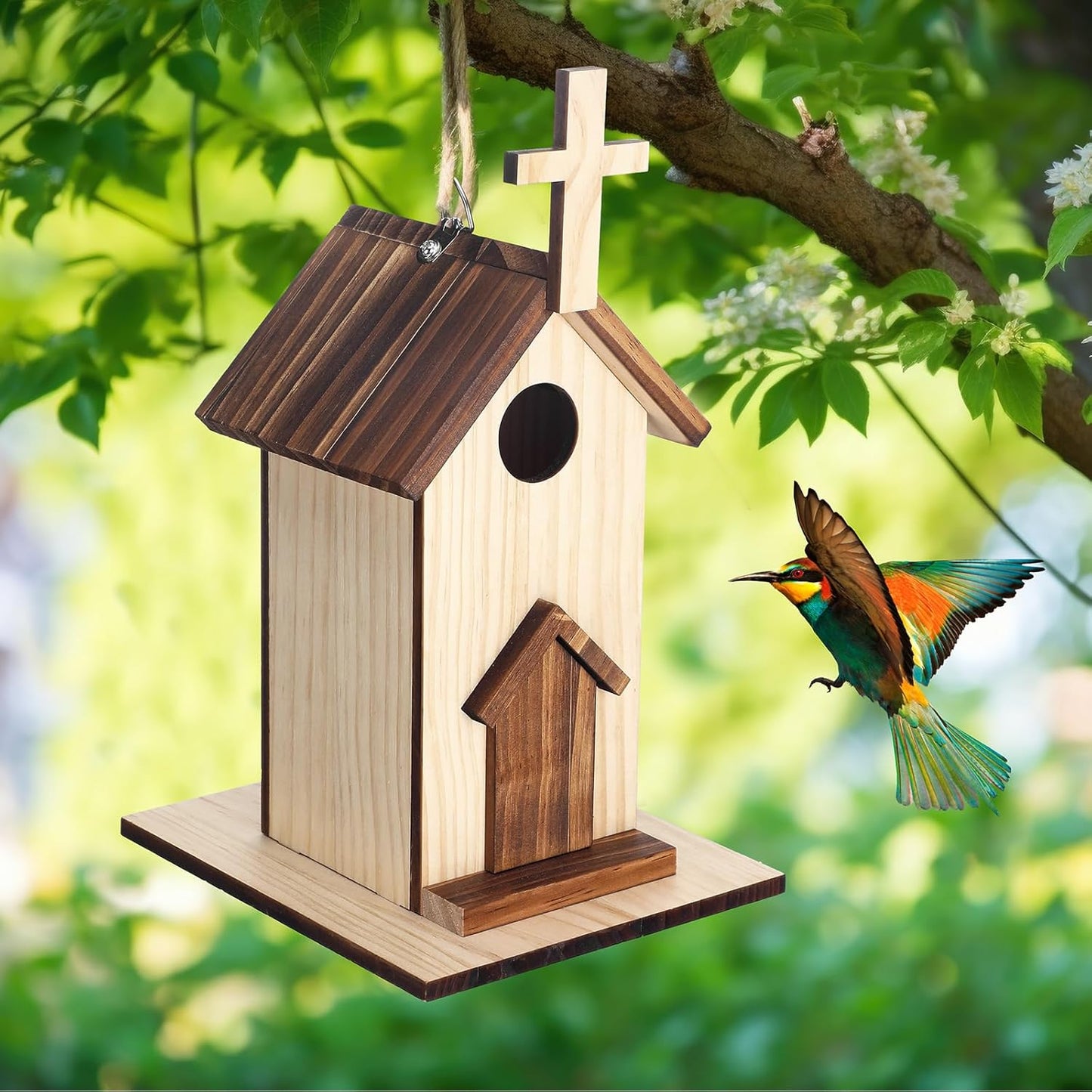 Leinuosen 2 Pcs Birdhouse Outdoor Hanging Wooden Church Birdhouse Cros