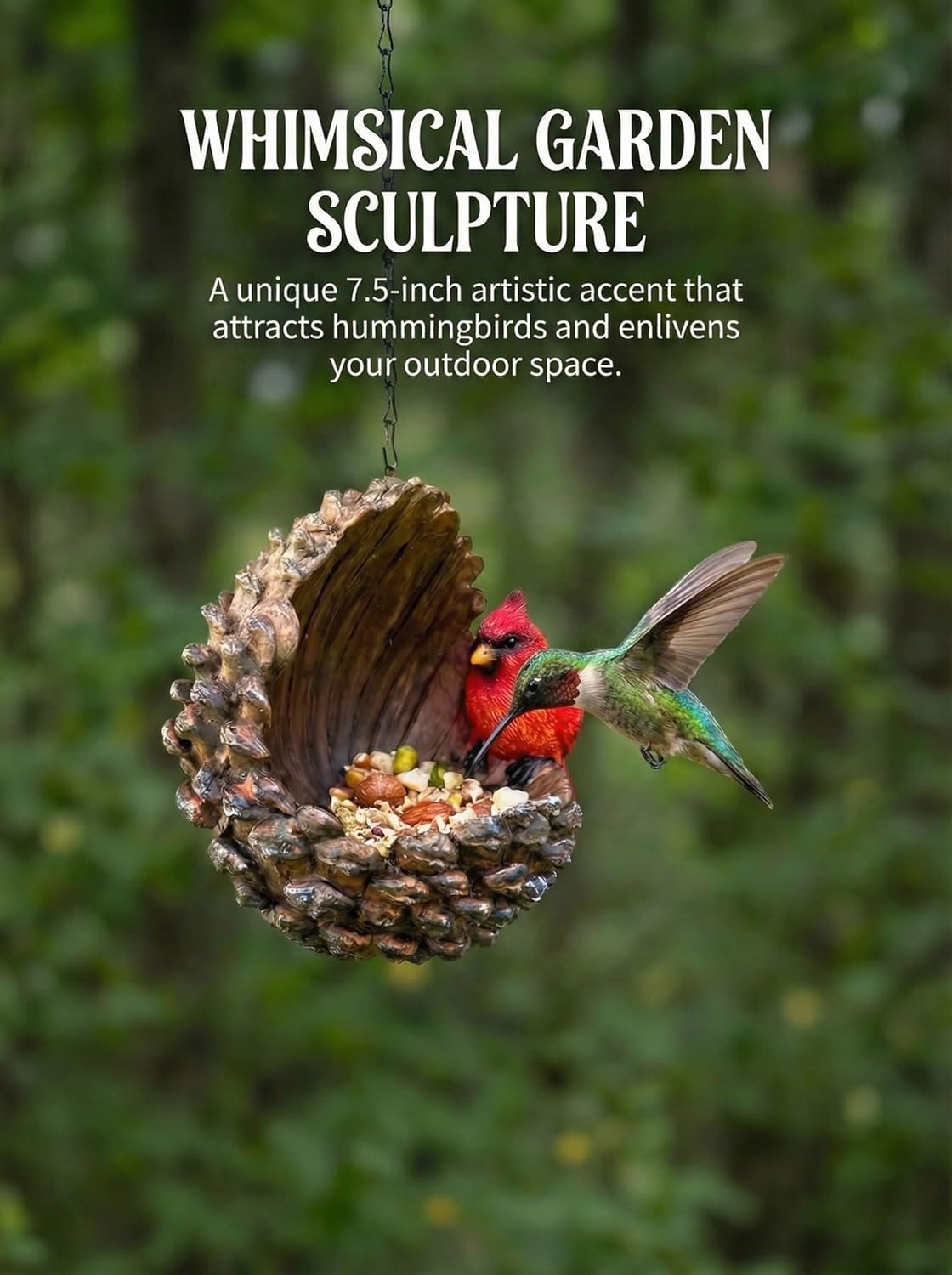 Hanging Wild Bird Feeder for Outside - Whimsical Resin Garden Art & Outdoor Tree Decor, Weather Resistant Hand Painted Statue, Yard Decoration Gift for Bird Watchers, 7.5 Inch