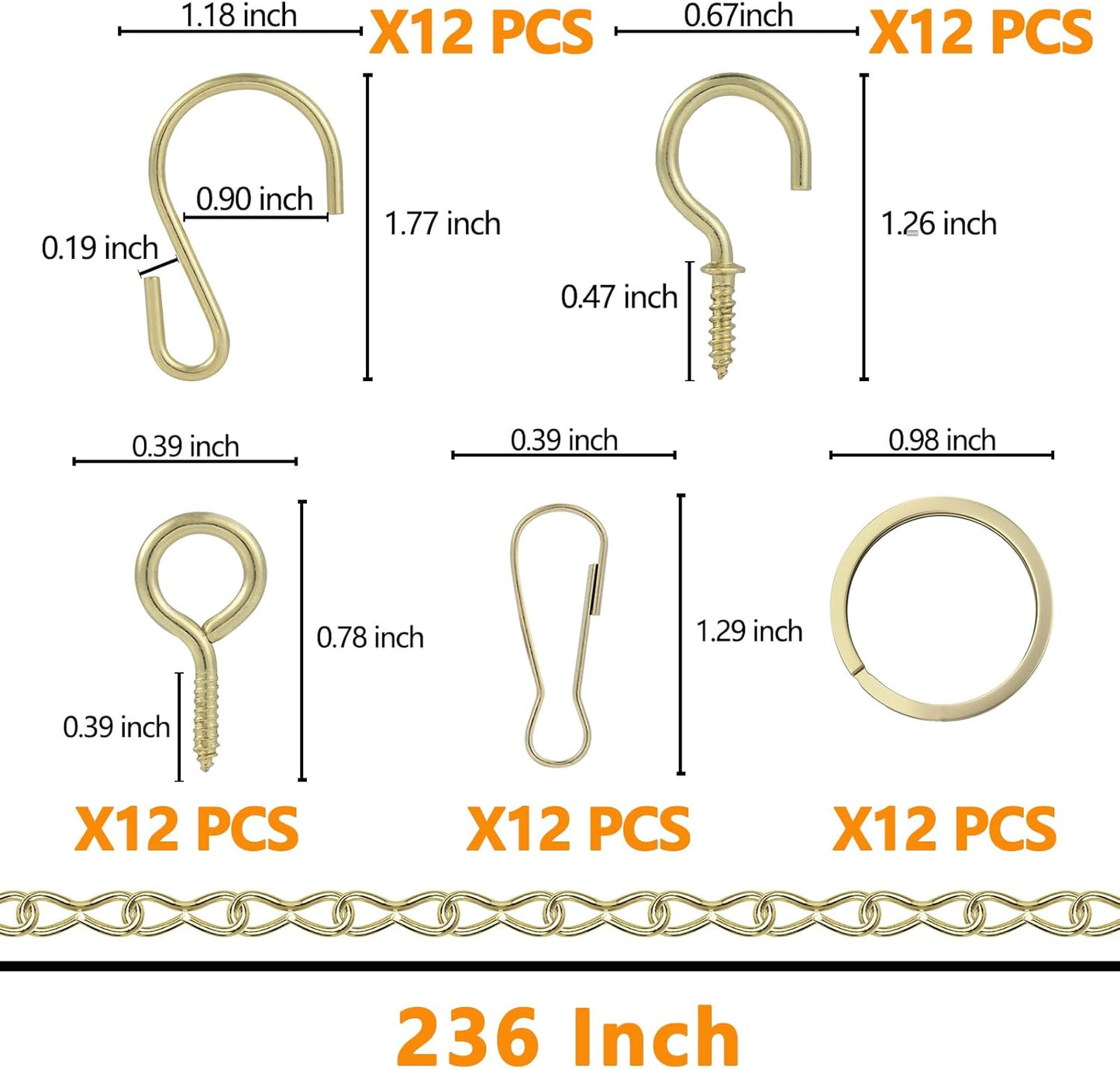 Metal Hanging Chain, 236 Inch Black Chains for Plants, 12×S Hooks, 12×Buckles, 12×Rings, 24×Screw Hooks for Bird Feeder, Planter, Wind Chimes (Gold)