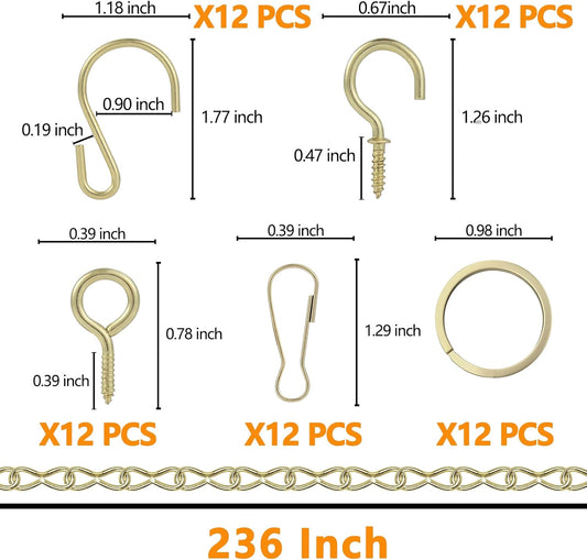 Metal Hanging Chain, 236 Inch Black Chains for Plants, 12×S Hooks, 12×Buckles, 12×Rings, 24×Screw Hooks for Bird Feeder, Planter, Wind Chimes (Gold)