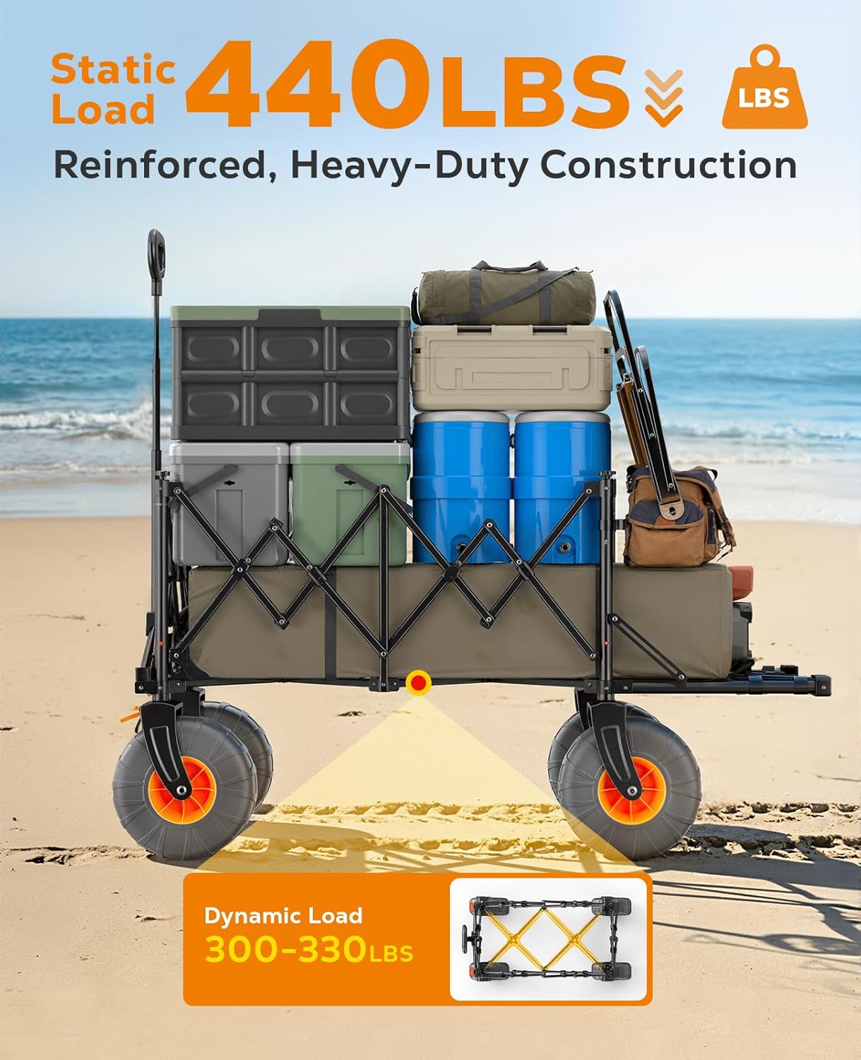 Beach Wagon with Big Wheels for Sand, 440lbs Wagons Carts Foldable wit