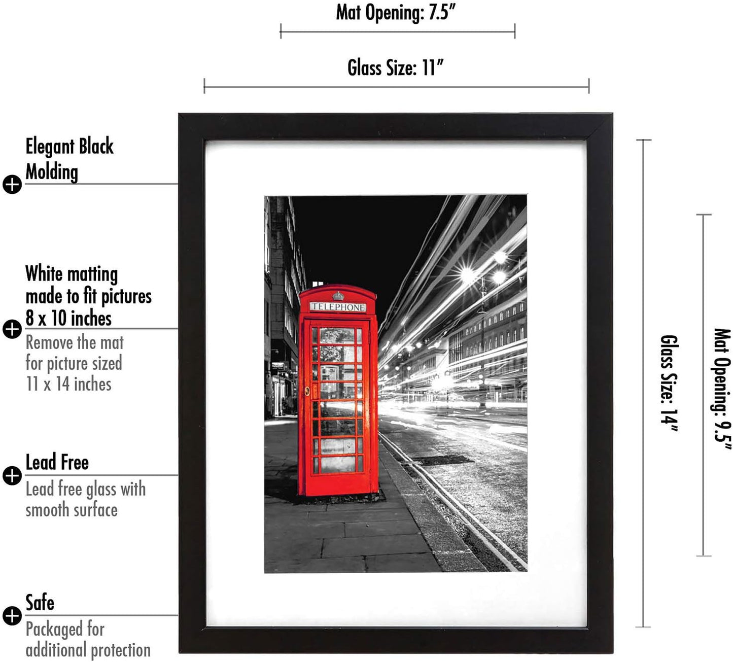 Americanflat 11x14 Picture Frame with Shatter-Resistant Glass - Use as 8x10 Frame with Mat or Display 11x14 Photo Without Mat - Signature Collection - Picture Frames for Wall Display - Black