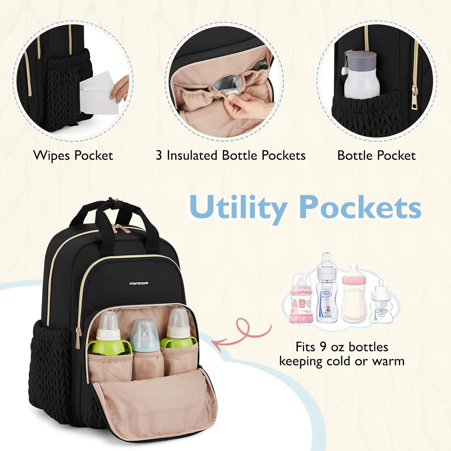 mommore Diaper Bag Backpack, Stylish Travel Baby Bag with Insulated Po