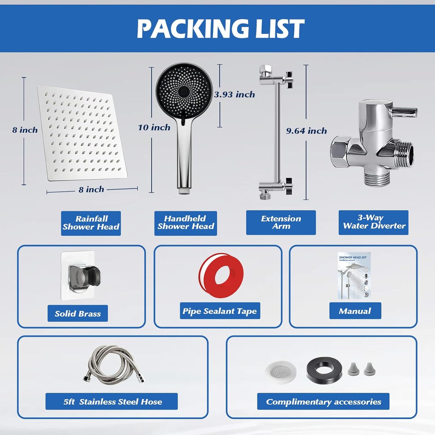 Shower Head,8”Rain Shower Head with Handheld Spray Combo with 11'' Ang