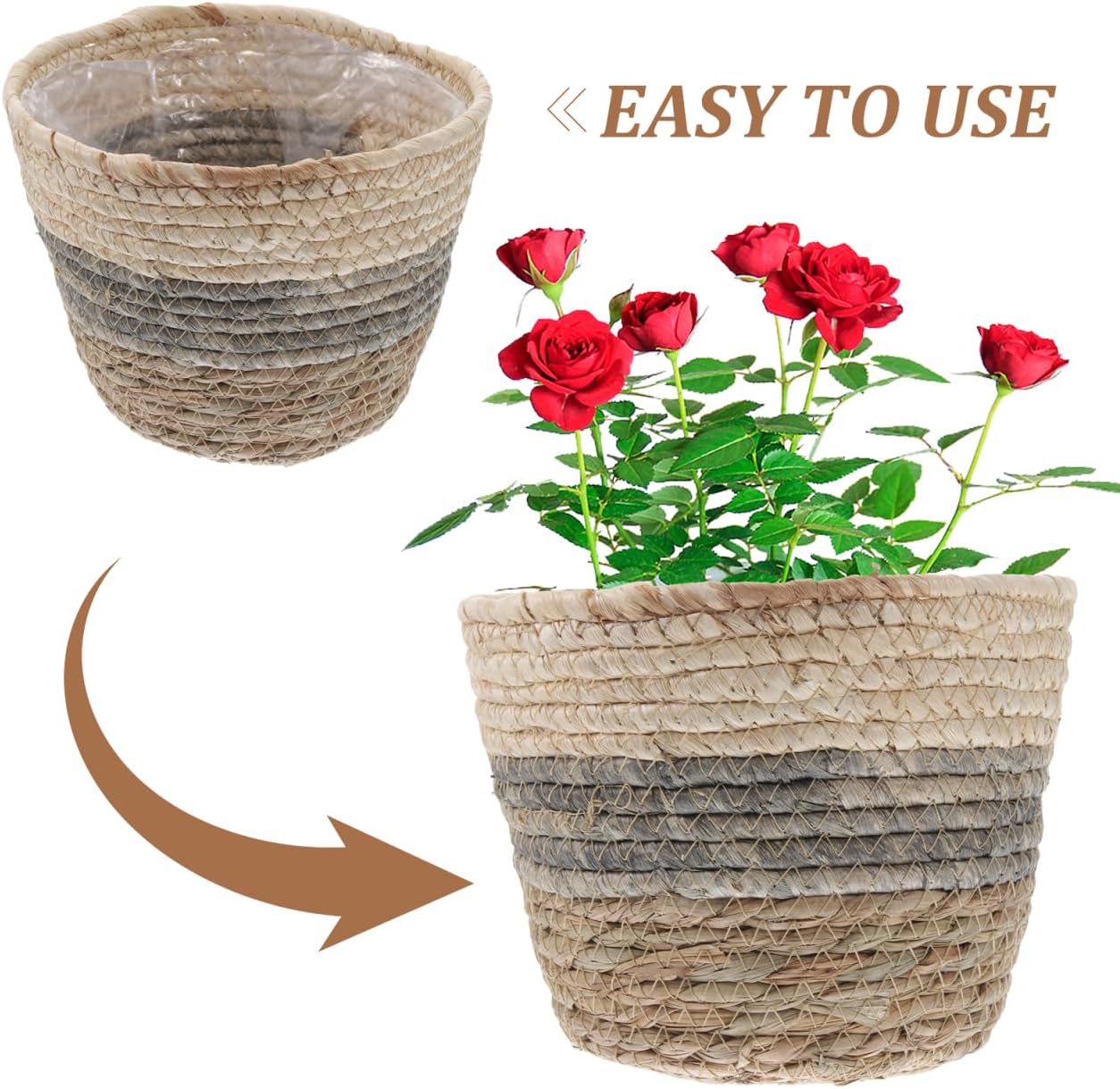 2PCS Plant Baskets Indoor with Liner Rattan Pots Planter Baskets Seagrass Indoor Planter Wicker Planters for and Outdoor Plants