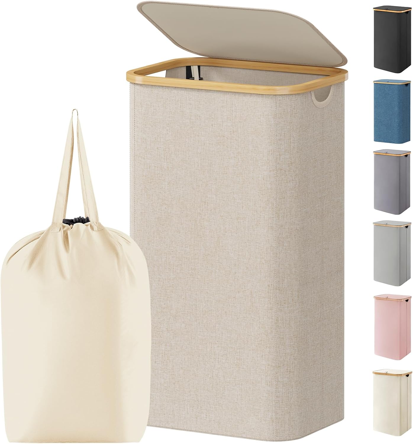 Lifewit 100L Laundry Basket with Lid, Clothes Hampers for Laundry with Bamboo Handles and 1 Removable Bag, Large Foldable Laundry Hamper for Bedroom, Bathroom, Dorm, Laundry Room, Beige