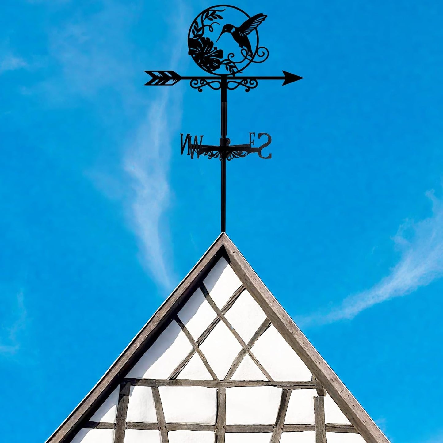 Hummingbird Weather Vane Outdoor Garden Wind Vane Black Bird Flower Pattern Iron Decorative Weathercock Wind Direction Indicator Tool for Farmhouse Sheds Yard Home Decoration 10.4 x 14 Inch