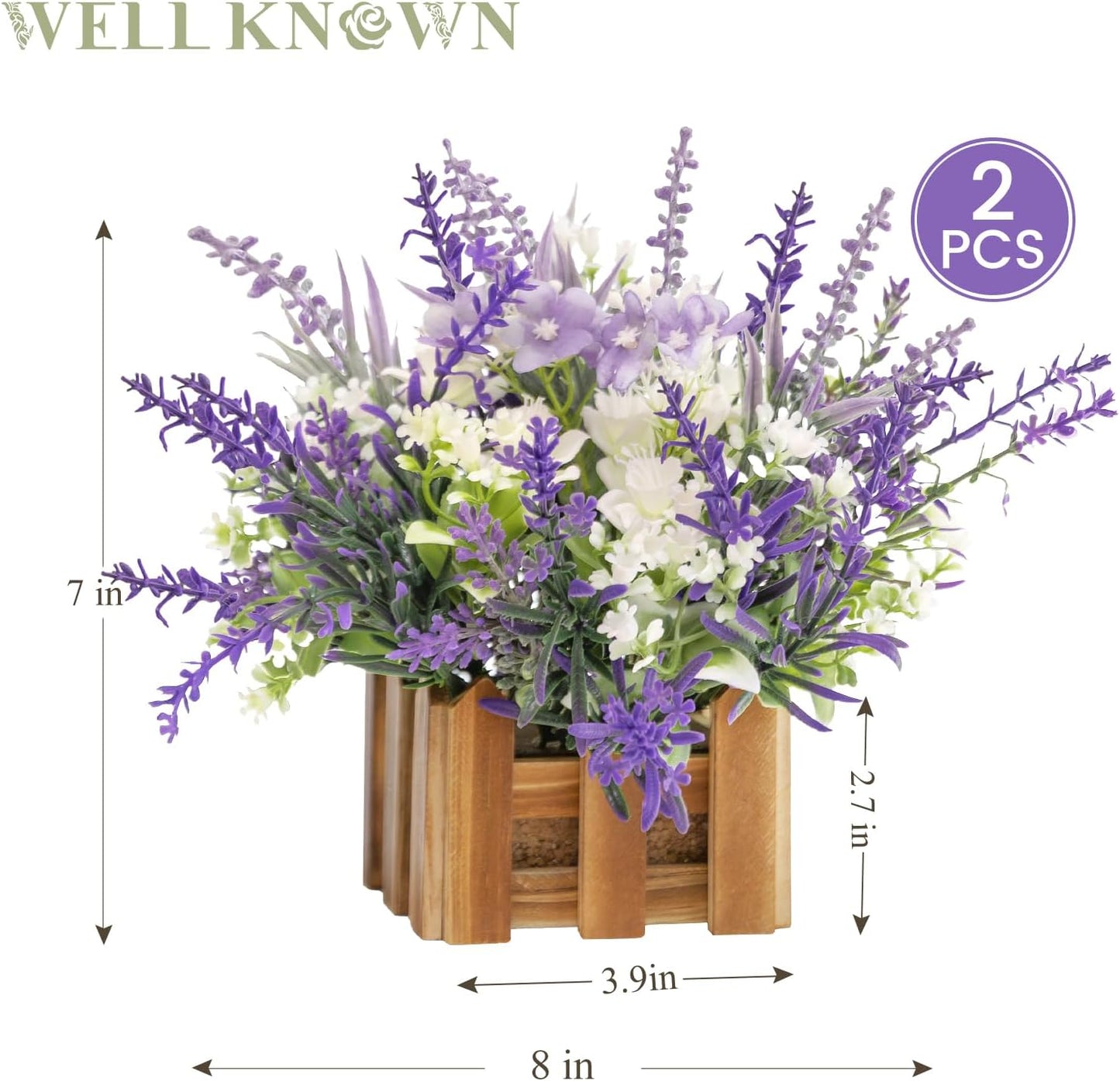 WELL KNOWN Artificial Lavender Plants in Wooden Baskets, Artificial Mini White Flower Arrangement in Planter for Home Hotel Office Table Wedding Centerpieces & Gift(Set of 2)
