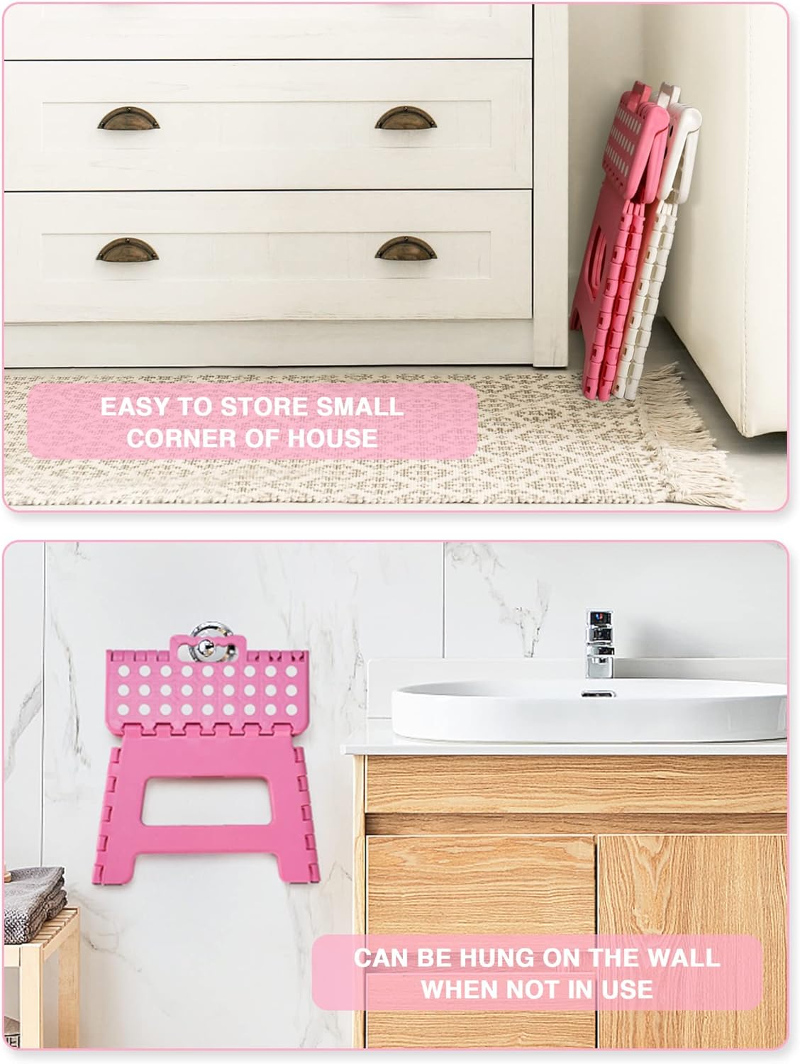Dyforce Folding Step Stool 9 Inch, Kids Step Stool, Heavy Duty Step Stools for Adults, Compact Foot Stools, Light-Weight Toddler Step Stools for Kitchen, Bathroom, Holds Up to 300 lbs (Pink)