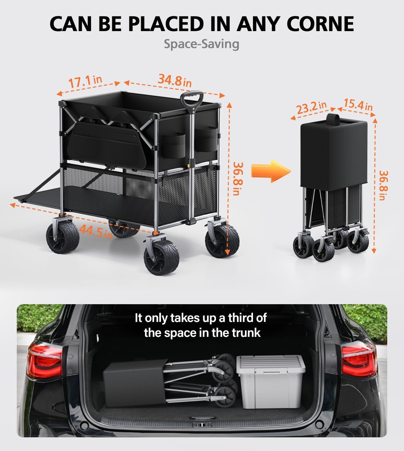 480Lbs Foldable Double Decker Wagon Cart,Beach Carts with Large Wheels&Side Storage Pocket&Dustbag,Large Capacity Folding Wagon for Shopping,Garden,Camping,Fish,Sports-Black
