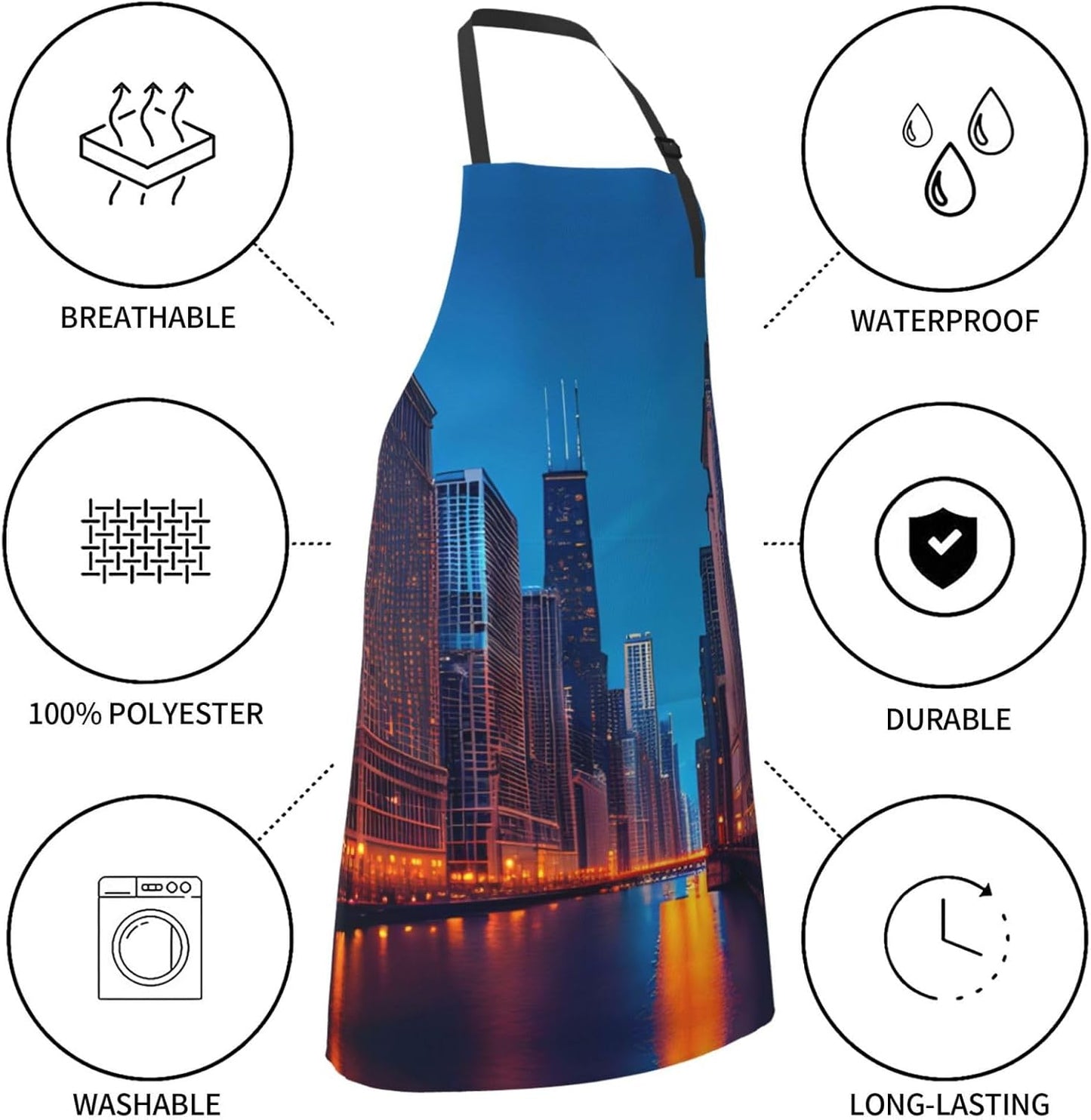 Chicago Night Print Laundry apron 28x33 In Waterproof Kitchen Apron with Pockets for Cooking Baking