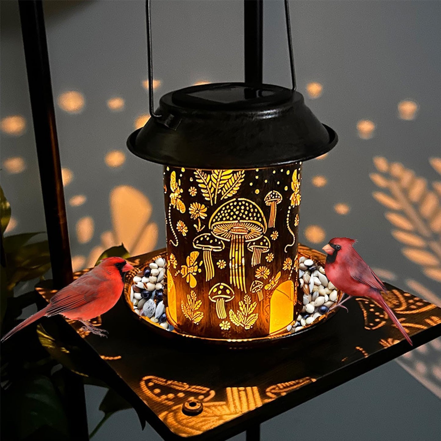 Solar Bird Feeder,Metal Wild Bird Feeders for Outdoor Hanging, Waterproof Outside Large birdfeeders for Cardinals,Mushroom Shaped Solar Garden Decor Lantern as Gift for Bird Lovers
