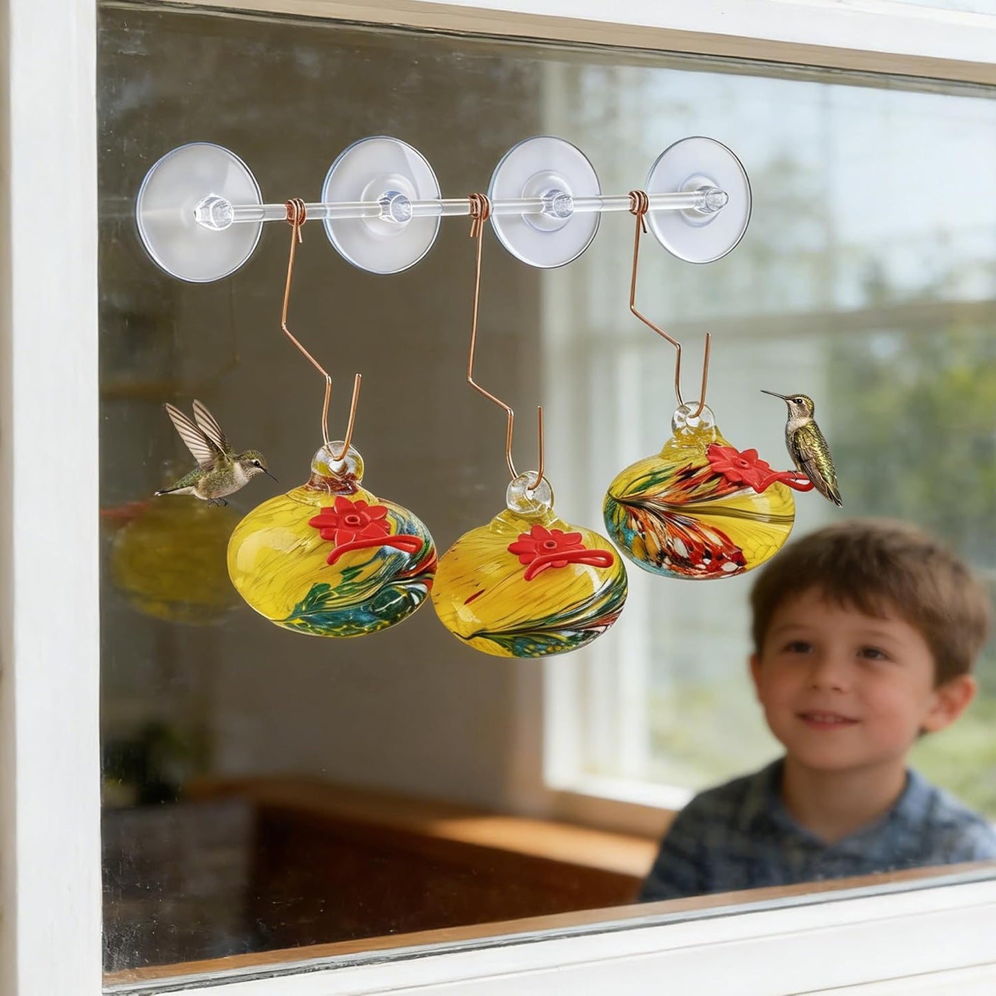 3Pcs Hand Blown Hummingbird Feedeers with Suction Cups for Window Hanging Ant and Bee Proof Glass Humming Birds Feeders Gifts for Woman Man