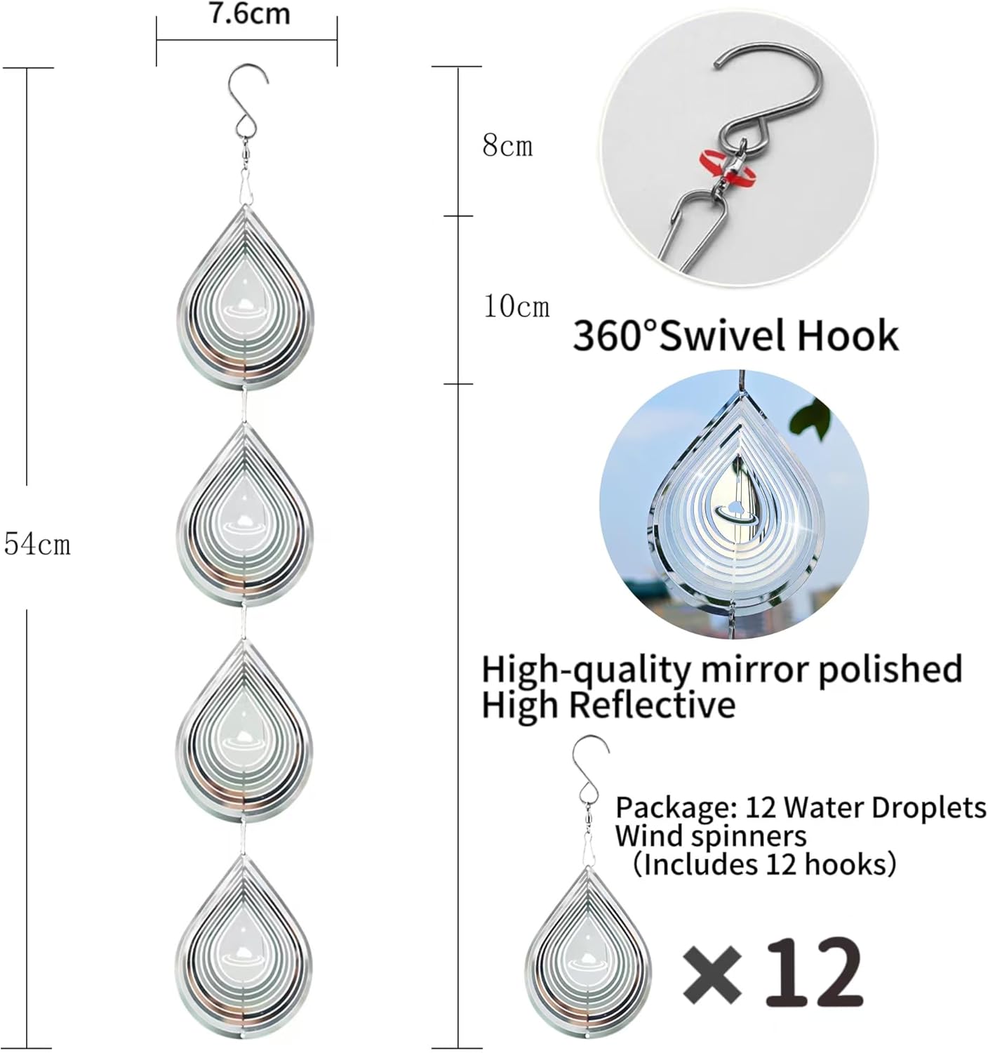 Water Droplets Bird Scare Discs Set-Highly Reflective Double-Sided Bird Reflectors, Extra Sparkly Metal Wind Spinner Outdoor Garden Decor, Decorations to Scare Away Yard Birds