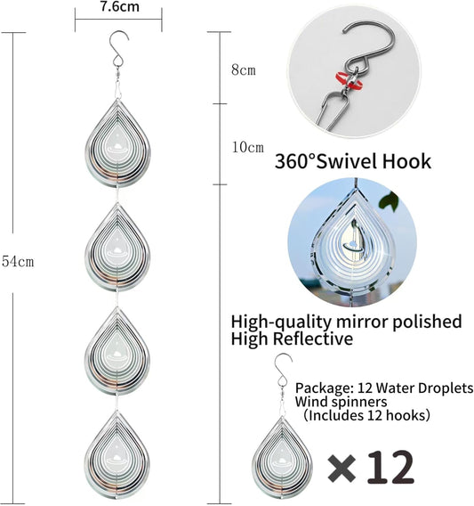 Water Droplets Bird Scare Discs Set-Highly Reflective Double-Sided Bird Reflectors, Extra Sparkly Metal Wind Spinner Outdoor Garden Decor, Decorations to Scare Away Yard Birds