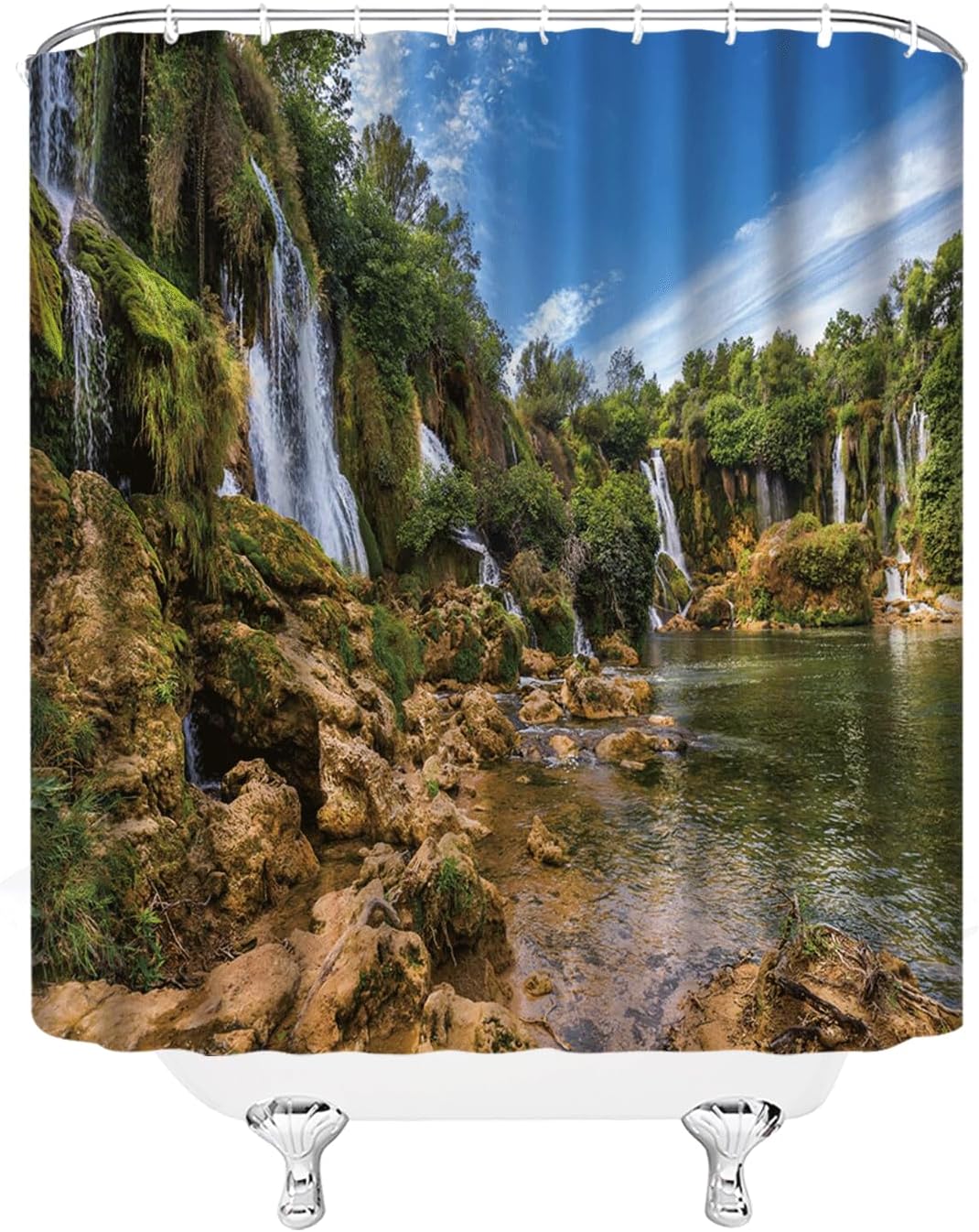 Waterfall Landscape Shower Curtains Outdoor Nature Scenery Lakes Cliffs Green Plant Spring View Home Bathroom Decor Polyester Fabric Bath Curtain Sets 70x70 Inch with Hook