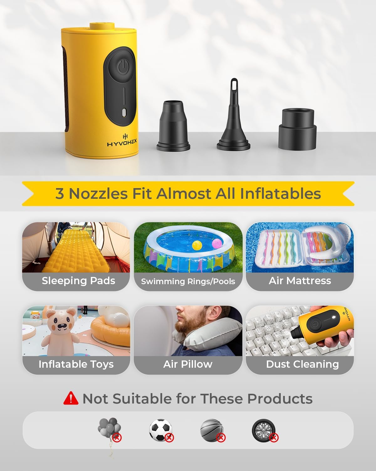 Portable Air Pump for Inflatables, 4000mAh Ultra Fast Air Mattress Pump with Advanced Heat Dissipation, 3 Nozzles Electric Air Pump Inflate Deflate for Sleeping Pads, Pool Floats