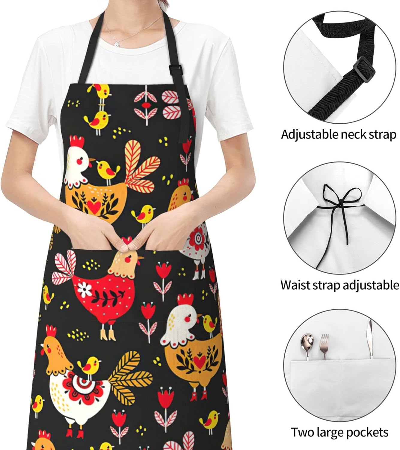 Cute Rooster Chickens Print Laundry apron 28x33 In Waterproof Kitchen 