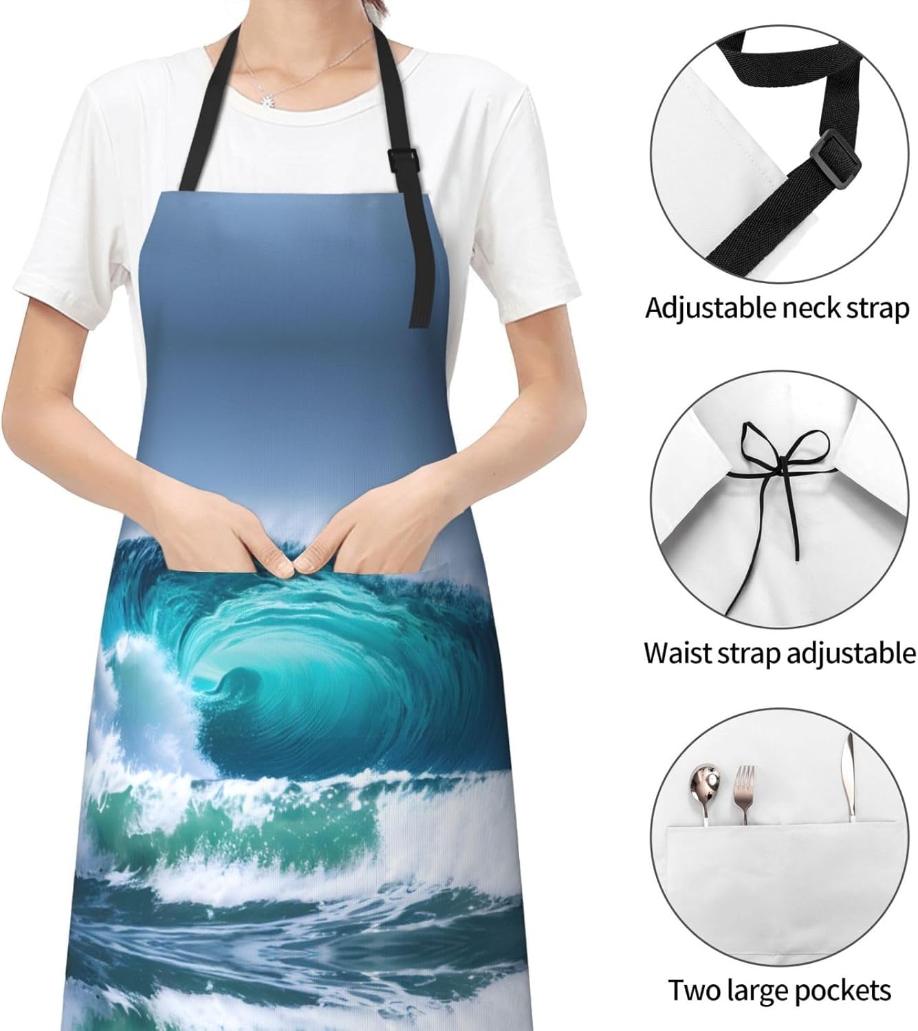 Ocean Wave Print Laundry apron 28x33 In Waterproof Kitchen Apron with 