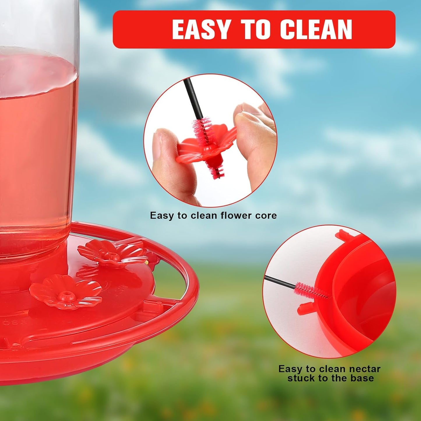 30 Hummingbird Feeder Replacement Flowers with 2 Brushes - Fits 0.24"-0.28" Holes, Bee-Proof Universal Fit Red Blossoms for Outdoor Feeders