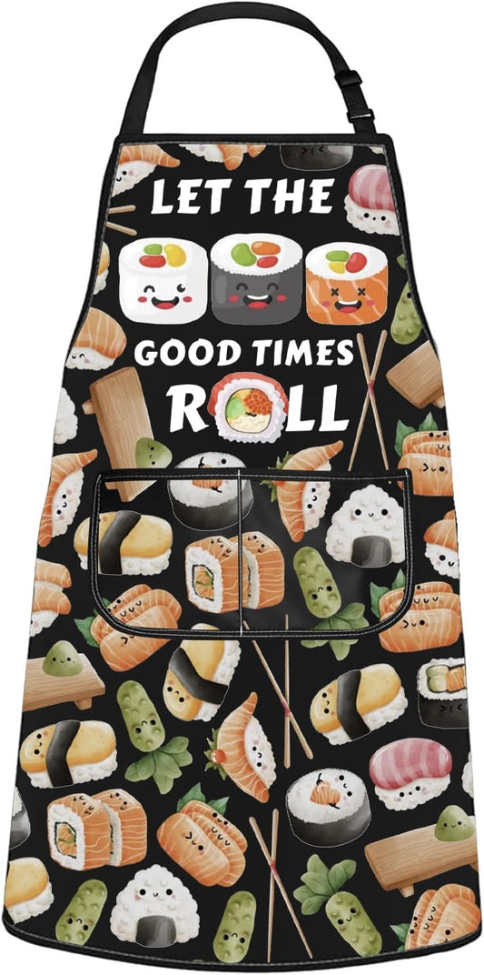 WCGXKO Japanese Asian Food Themed Kitchen Apron Let the Good Times Roll Sushi Anime Kawaii Apron for Sushi Lover