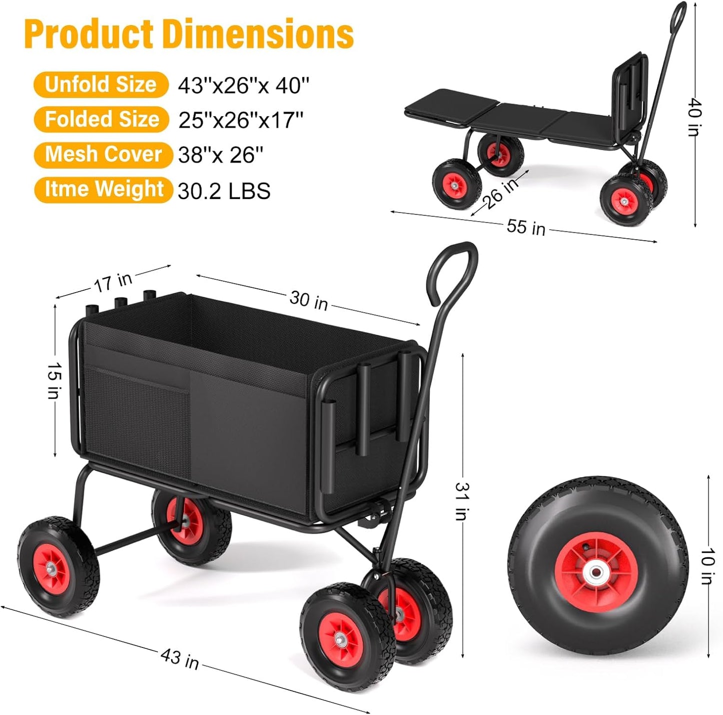 3 in 1 Beach Fishing Cart, Heavy Duty Garden Carts w/All Terrain Infla