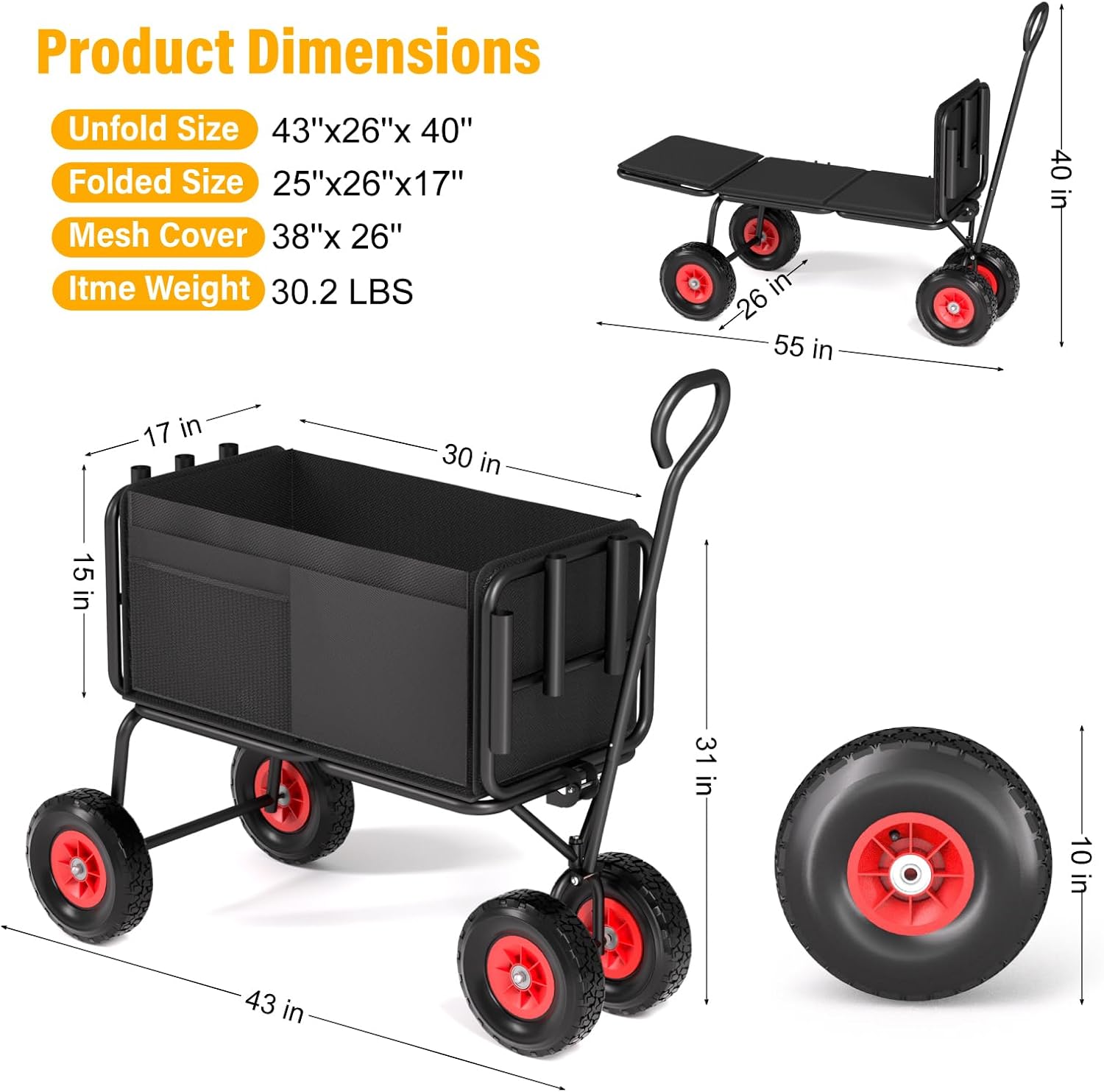 3 in 1 Beach Fishing Cart, Heavy Duty Garden Carts w/All Terrain Infla