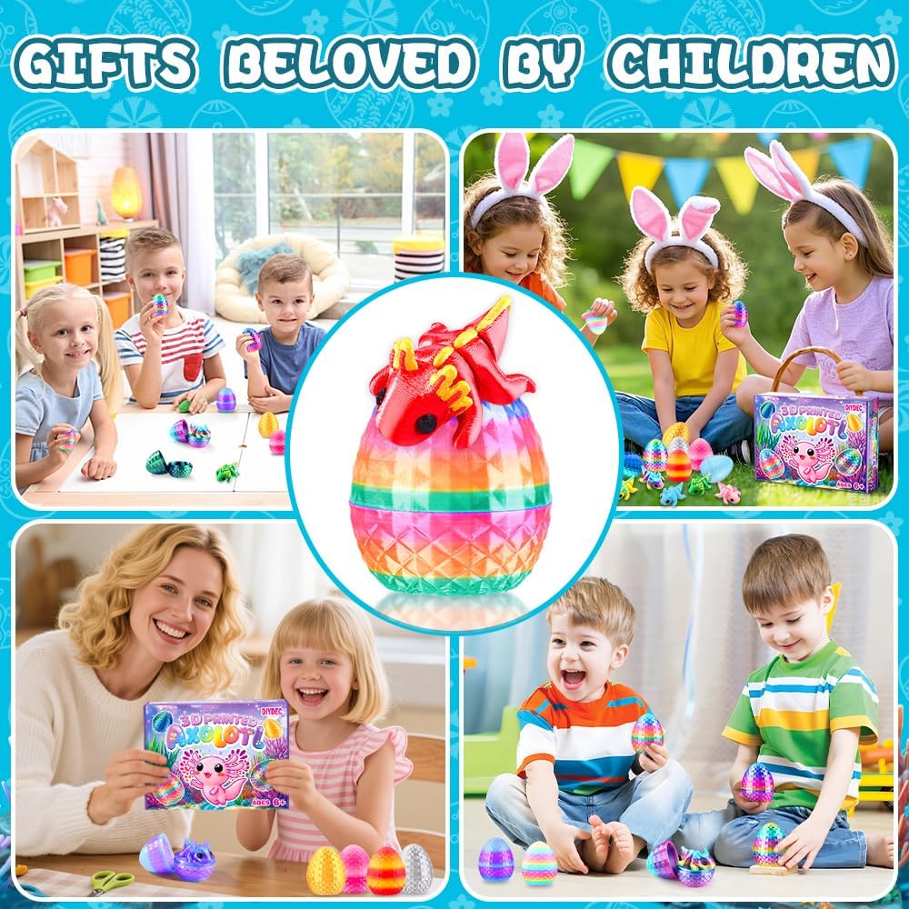 DIYDEC 24pcs Easter 3D Printed Animals Axolotl Figurines with 3D Printed Eggs Mini Fidget Toys for Kids Boys Girl Easters Basket Stuffers School Classroom Prizes Egg Hunt Party Favors Gifts