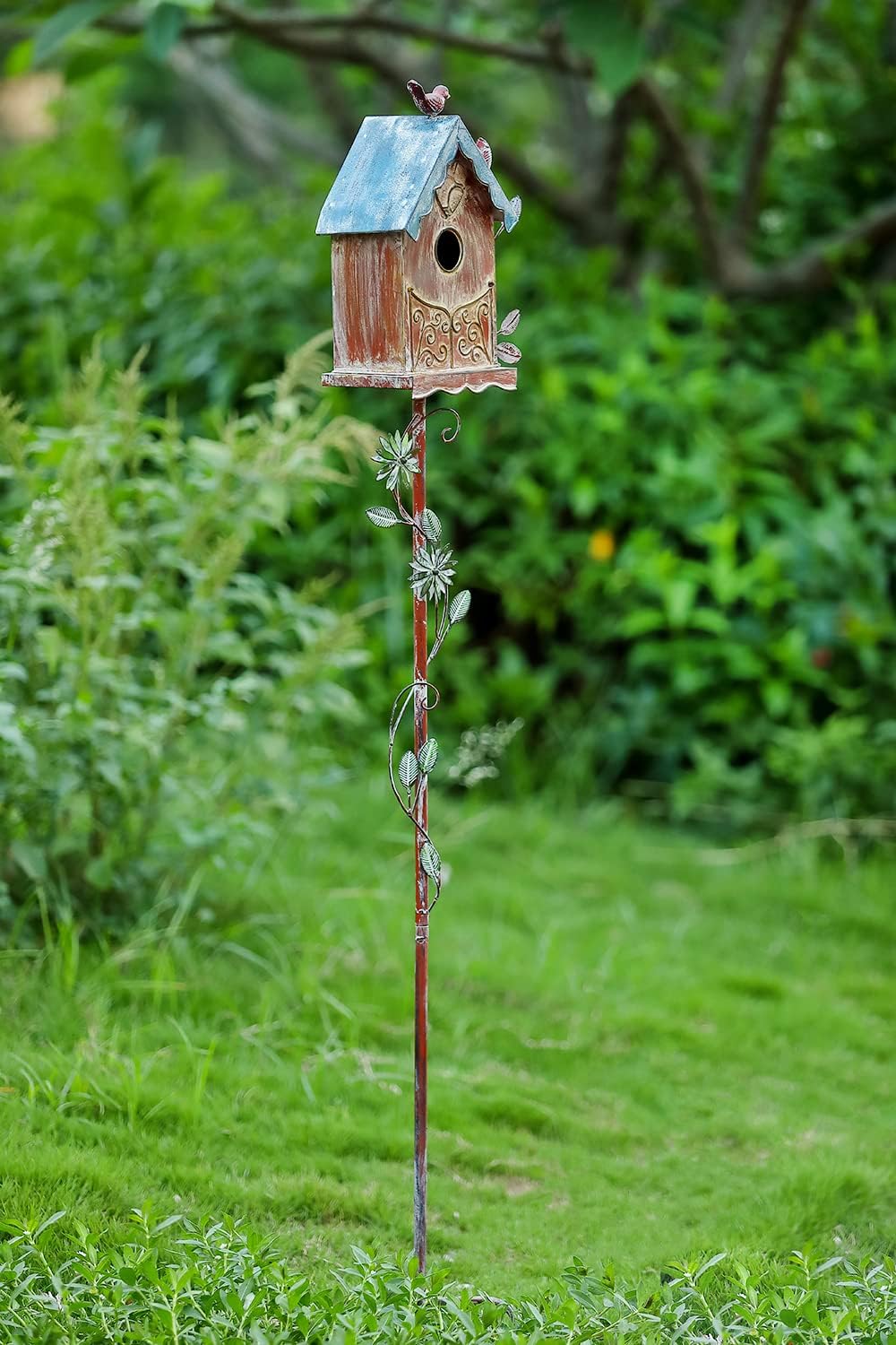 Baroque Cottage Bird House Stake for Outside with Pole, Distressed Metal Birdhouse Stand for Outdoor Garden,Purple