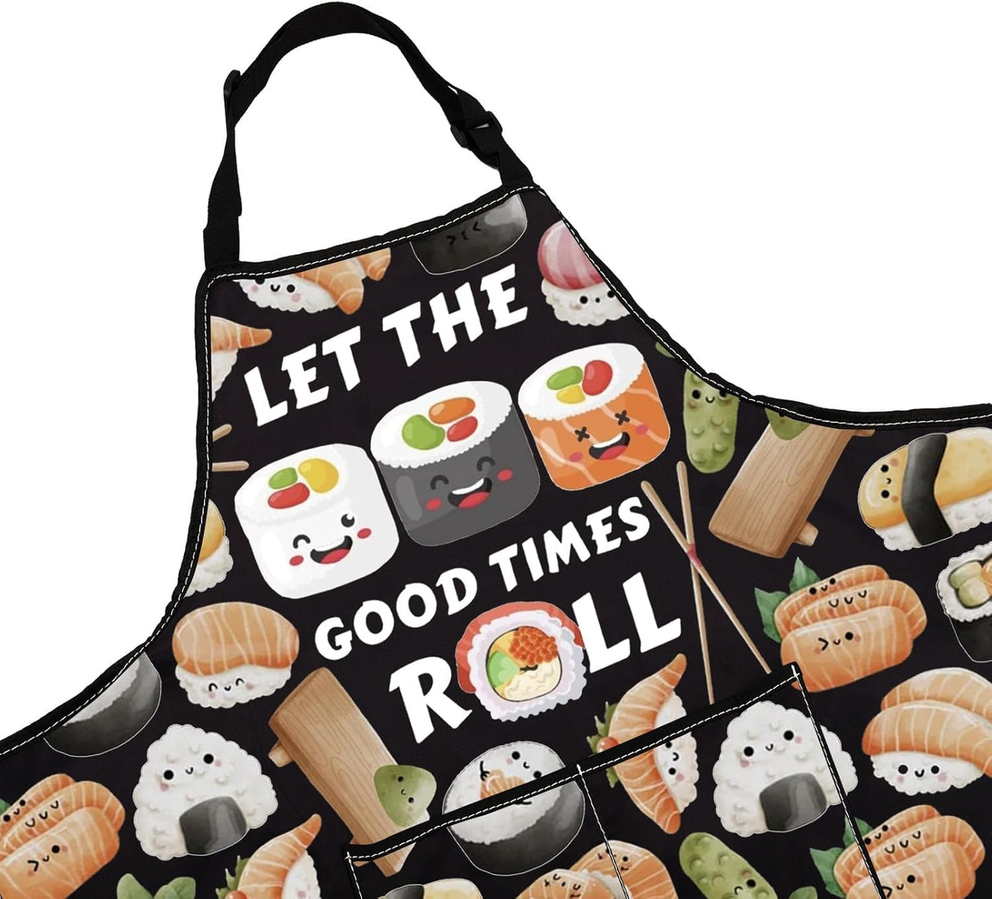 WCGXKO Japanese Asian Food Themed Kitchen Apron Let the Good Times Roll Sushi Anime Kawaii Apron for Sushi Lover