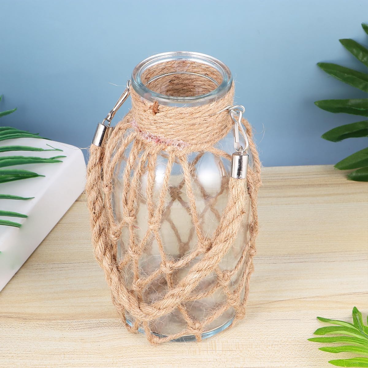 Milisten Rope Glass Vase Hydroponics Flower Pot with Natural Jute Twine Decorative Planter for Home Living Room Office Green Plant Container