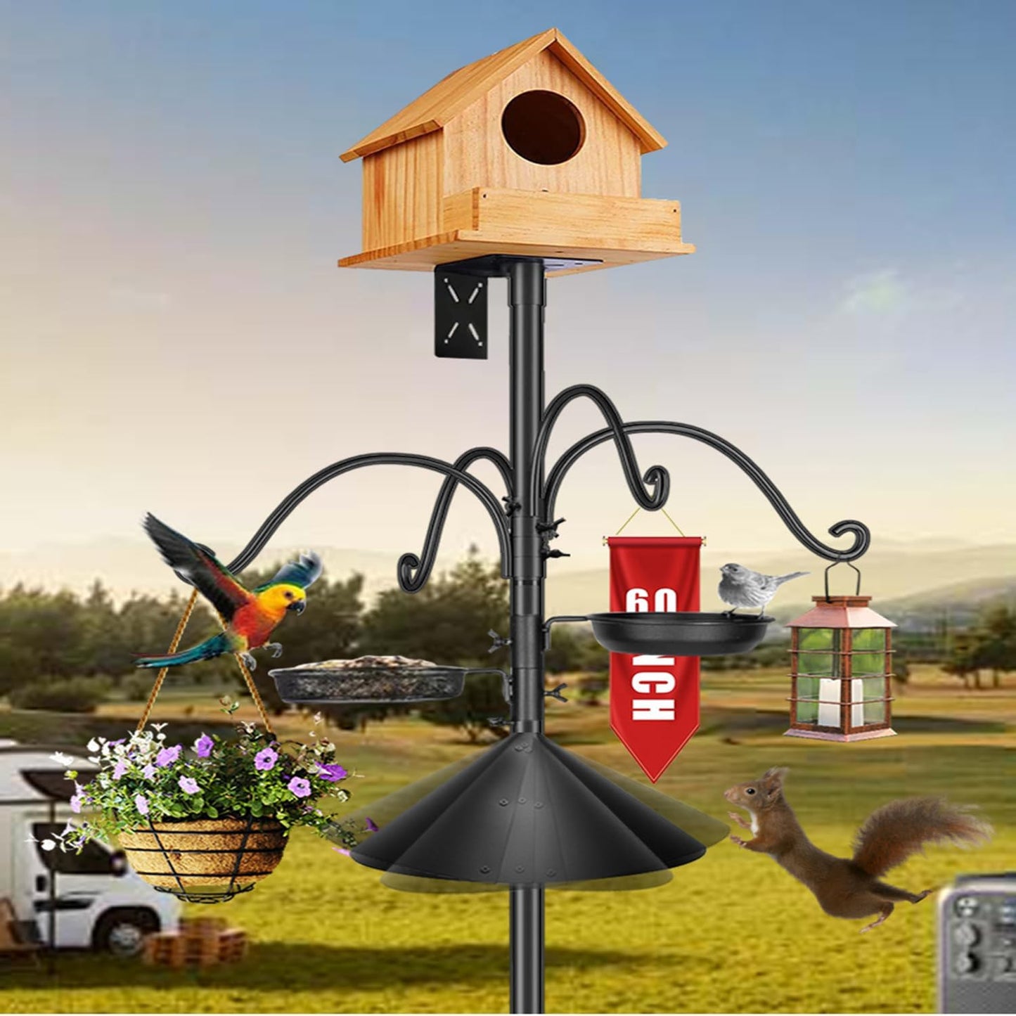 92 Inch Metal Bird Feeder Pole with Squirrel-Proof Baffle, 4 Hooks & 2 Feeding Trays - Heavy Duty 5-Prong Base Outdoor Birdhouse Stand, Garden Bird Feeding Station (Black, 92inch)