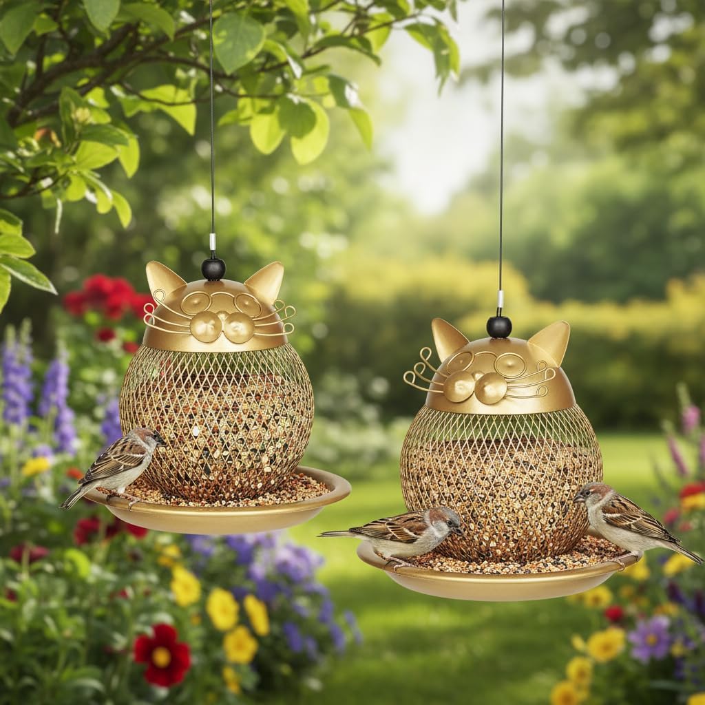 Cat Grandpa Wild Bird Feeder Squirrel Proof Hanging Bird Feeder for Outside, Peanut and All Kinds of Seeds,Yard Garden Decor,Set of 2, Color: Gold