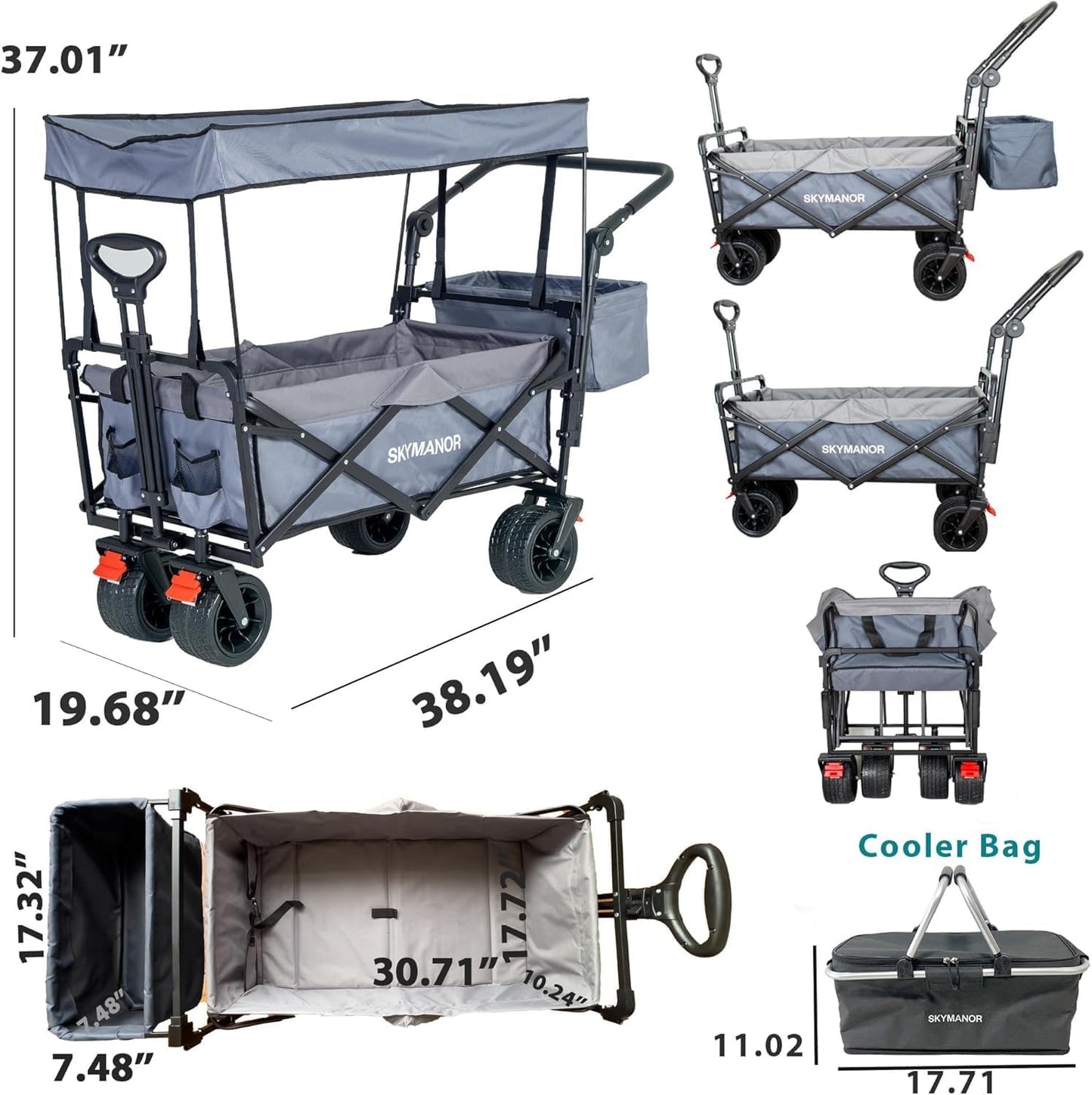 SKYMANOR Collapsible Wagon Folding Garden Cart with Removable Canopy Utility Heavy Duty Wagon Cart with All-Terrain Wheel Storage Brake for Camping Shopping (Upgraded Canopy-Gray Splicing)